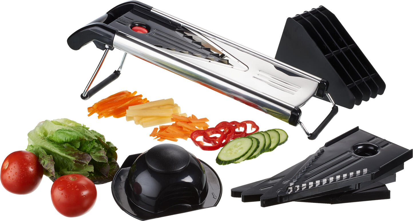 PULSIVA LUSINI Solutions GmbH Vegetable slicer mandoline Iluna Gemüsehobel Mandoline Iluna Vegetable slicer mandoline Iluna; 42.5x13x14 cm (LxWxH); silver/black; rectangular Gemüsehobel Mandoline Iluna; 42.5x13x14 cm (LxBxH); silber/schwarz; rechteckig Functional vegetable slicer made of stainless steel. Rest holder and various plastic blade holders. Including 3 adjustable attachments for discs (1.5mm, 2.5mm 3.5mm) and 2 attachments for rasping or cutting strips (3.5mm, 7.0mm). Non-slip bracket. Dishwasher safe. Funktionaler Gemüsehobel aus Edelstahl, rostfrei. Resthalter und verschiedene Klingenhalter aus Kunststoff. Inkl. drei verstellbarer Aufsätze für Scheiben (1,5 mm, 2,5 mm 3,5 mm) und zwei Aufsätzen zum Raspeln bzw. Steifen schneiden (3,5 mm; 7,0 mm). Rutschfeste Standbügel. Spülmaschinengeeignet.