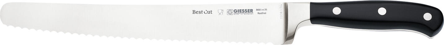 Giesser Johannes Giesser Messerfabrik GmbH Universal knife BestCut Universalmesser BestCut Universal knife BestCut; Blade length 25 cm; black Universalmesser BestCut; Klingenlänge 25 cm; schwarz Chef's knife with 13/0 stainless steel blade and an ergonomic plastic handle. The handle sits securely in your hand and enables quick and very precise cutting. Kochmesser mit Klinge aus 13/0 Edelstahl und einem ergonomisch geformten Griff aus Kunststoff. Der Griff liegt sicher in der Hand und erlaubt eine schnelle und sehr präzise Schnittführung.
