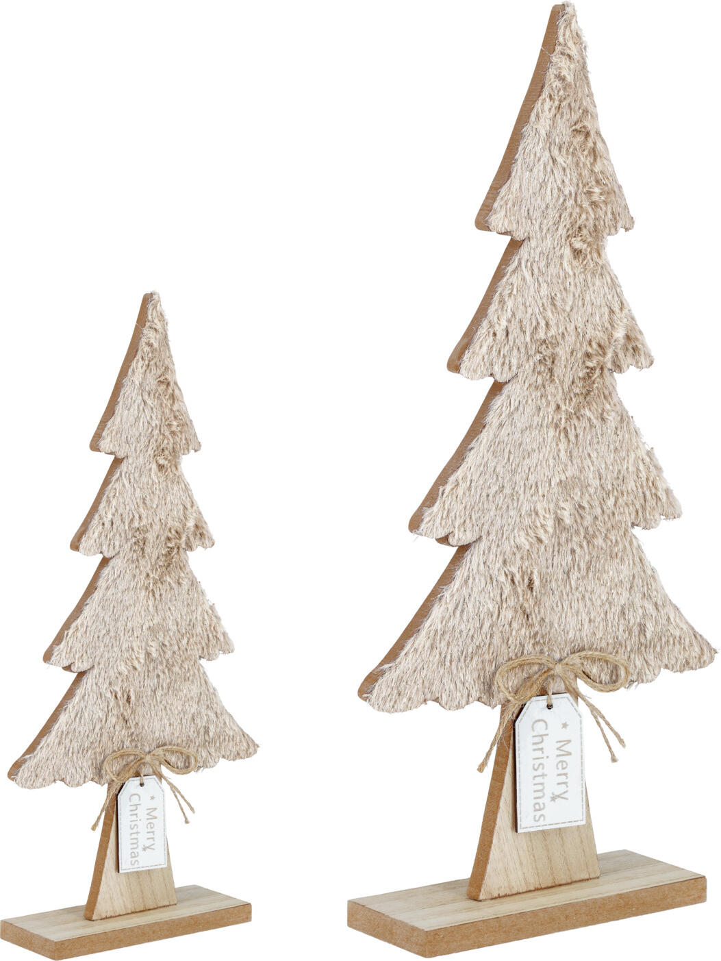 unknown LUSINI Solutions GmbH Decorative tree set Agim Dekobaum-Set Agim Decorative tree set Agim; natural Dekobaum-Set Agim; natur Set consisting of two decorative trees 40.5 cm and 60 cm high made of wood and textile with a "Merry Christmas" tag. Set bestehend aus zwei Dekobäumchen 40,5 cm und 60 cm Höhe aus Holz und Textil mit Anhänger "Merry Christmas".