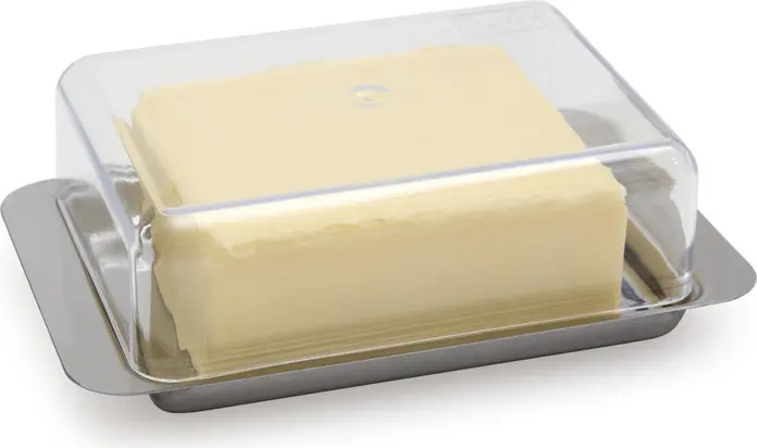 APS Stainless Steel Butter Dish, 18/0 Steel Base with Transparent Polystyrene Lid, Rectangular 16x10x5.5 cm, Dishwasher Safe, Made in Germany