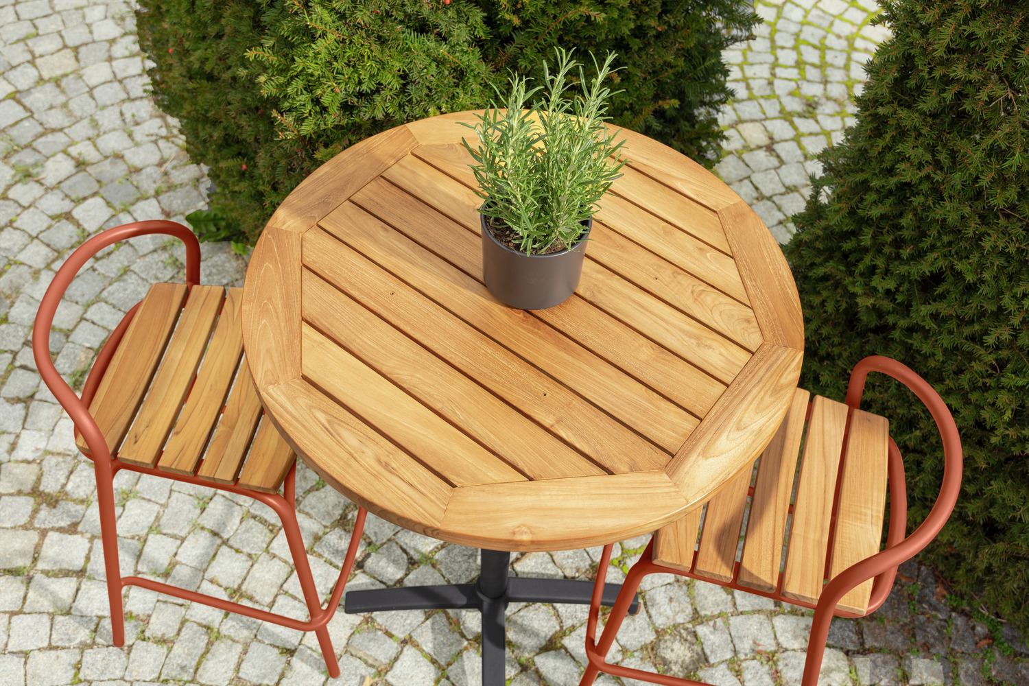 Set de 2 scaune de bar exterioare VEGA Zolia, cadru aluminiu Russet, scaune din lemn de teak masiv, 50x50x95 cm, rezistente la intemperii FSC