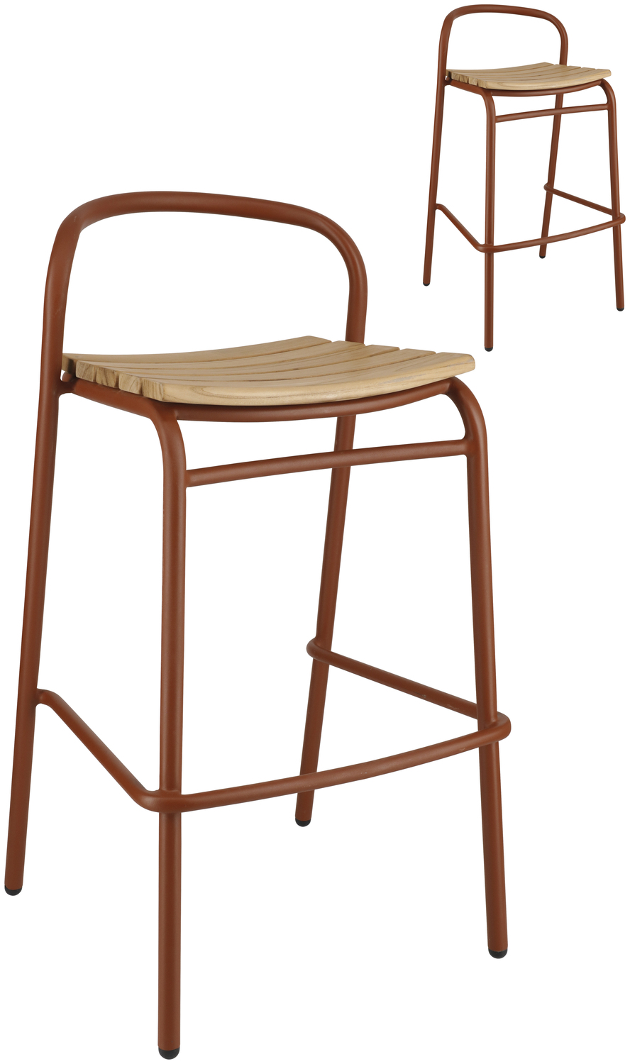 Set de 2 scaune de bar exterioare VEGA Zolia, cadru aluminiu Russet, scaune din lemn de teak masiv, 50x50x95 cm, rezistente la intemperii FSC