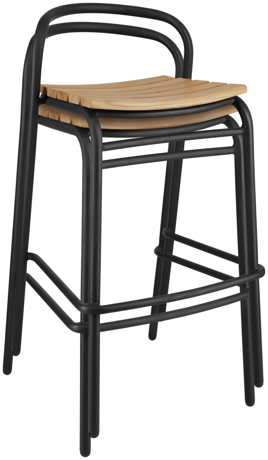 Set de 2 scaune bar exterioare VEGA Zolia, cadru aluminiu si lemn de teak masiv, 50x50x95 cm, rezistente la intemperii, maro si negru