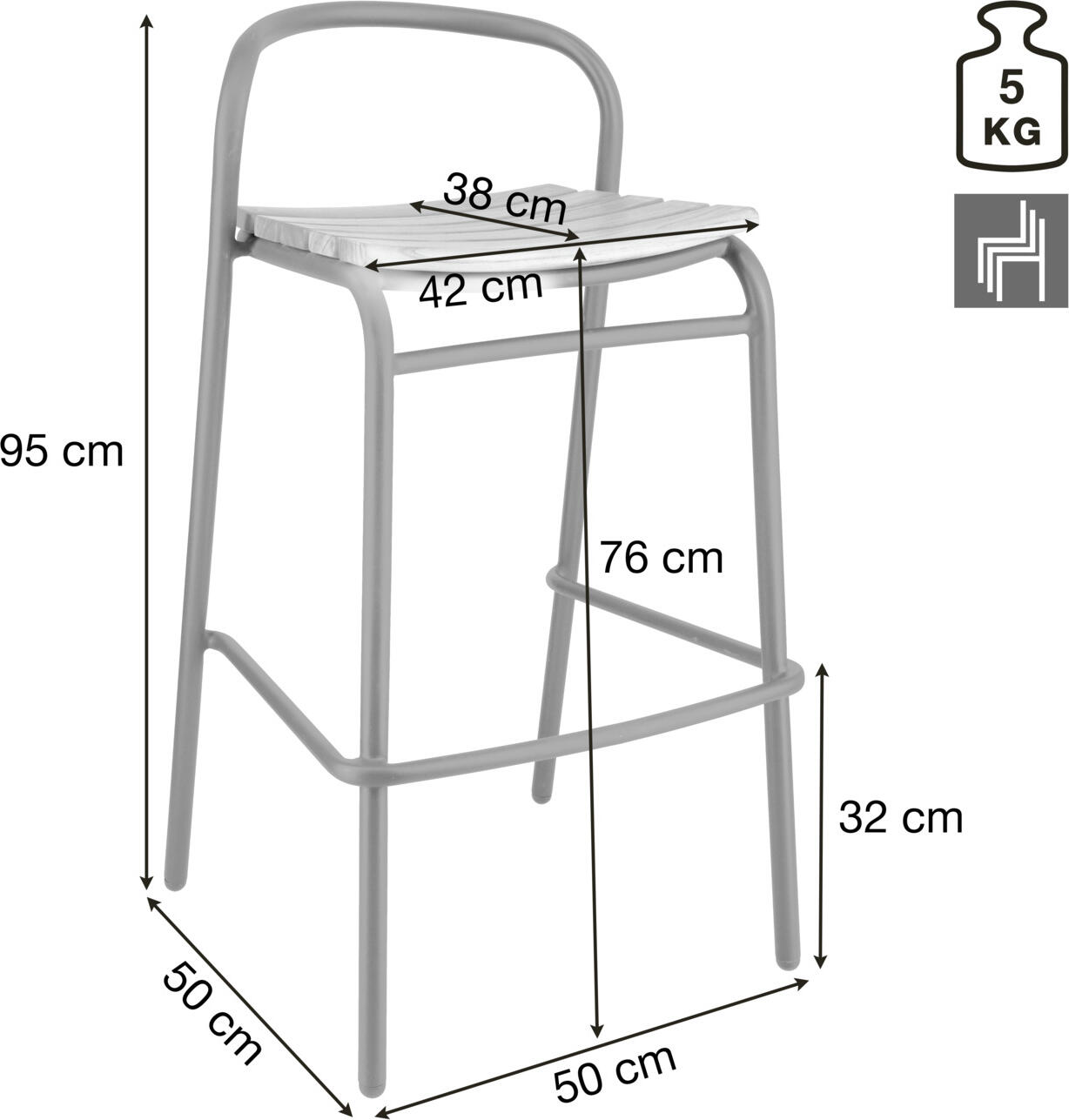 Set de 2 scaune bar exterioare VEGA Zolia, cadru aluminiu si lemn de teak masiv, 50x50x95 cm, rezistente la intemperii, maro si negru