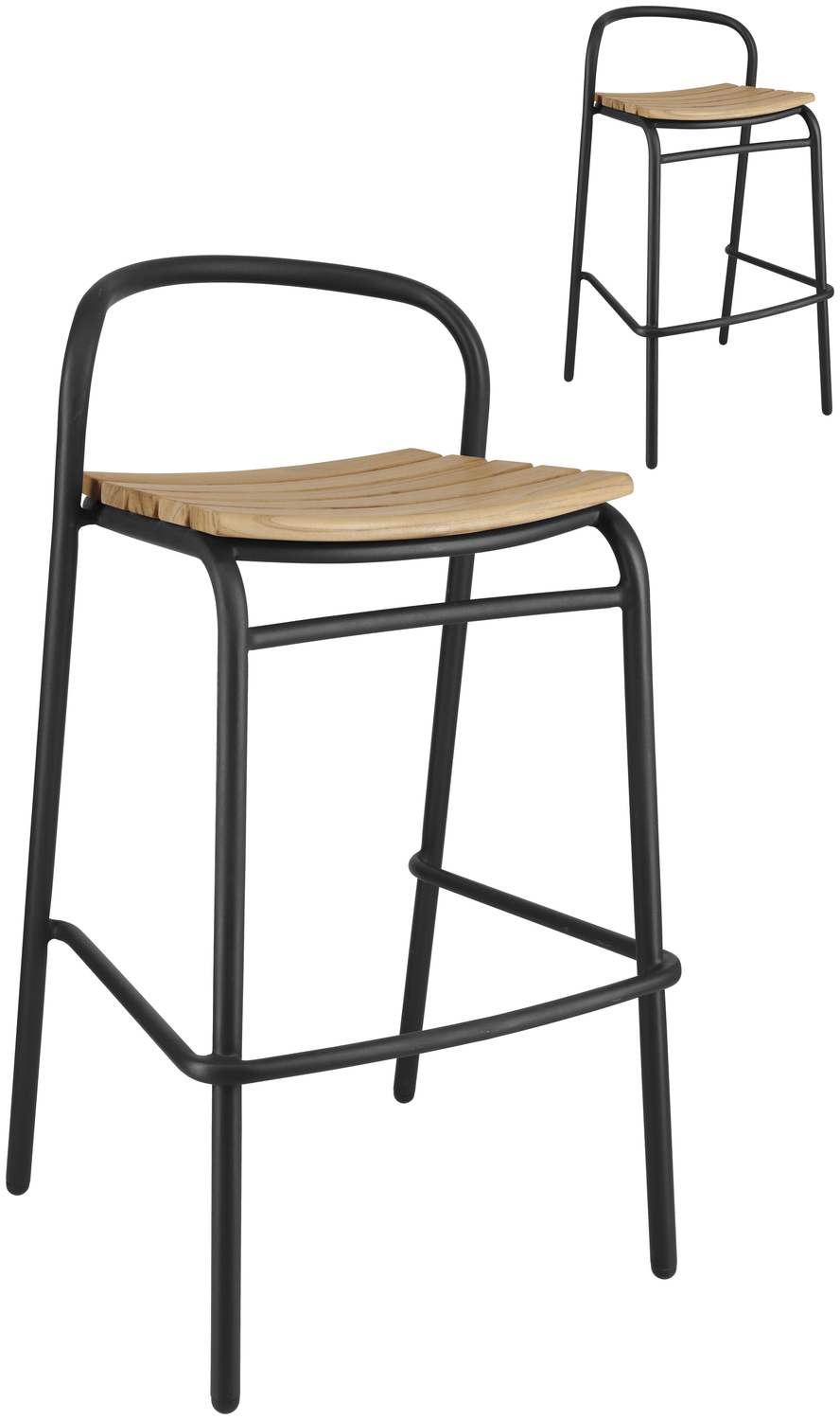 Set de 2 scaune bar exterioare VEGA Zolia, cadru aluminiu si lemn de teak masiv, 50x50x95 cm, rezistente la intemperii, maro si negru