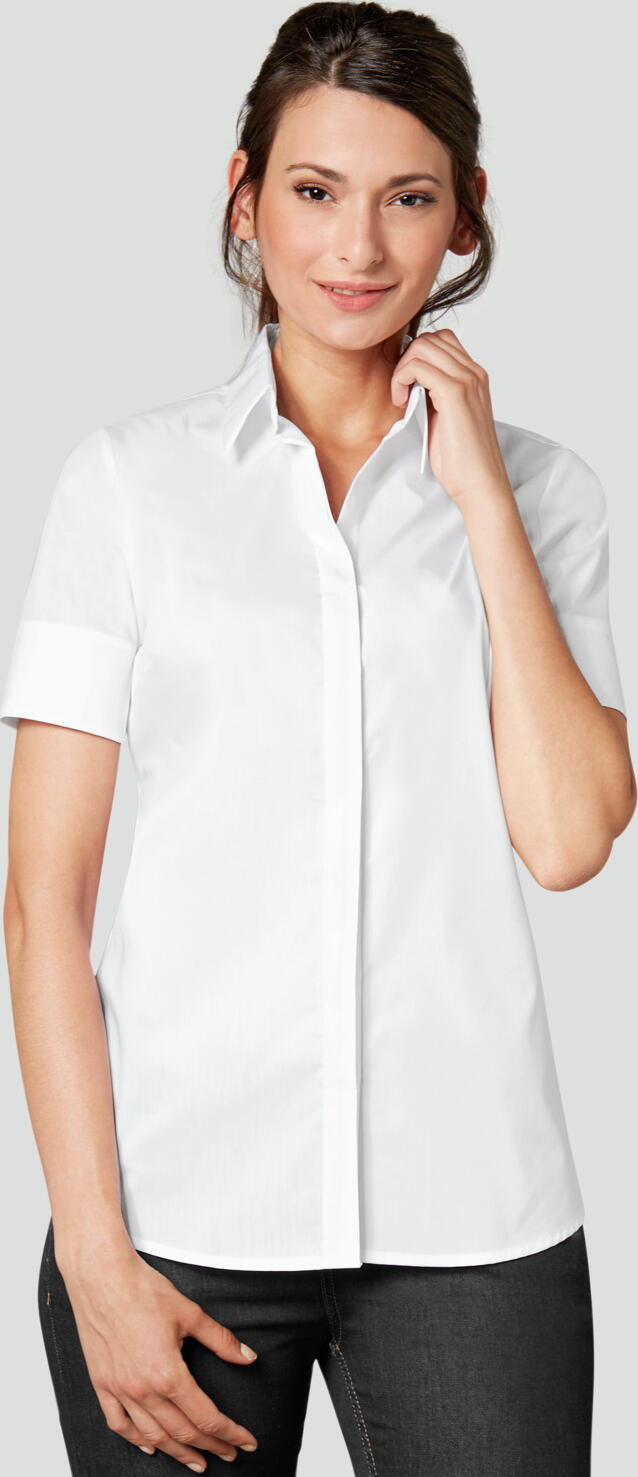 Jobeline Fiore Women's Short Sleeve Blouse, Cotton-Polyester Blend, Regular Fit with Concealed Button Placket and Extra-Long Back, White