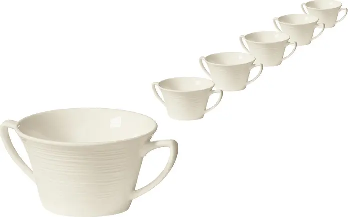 VEGA Skyline Bone China Soup Cup Set of 6, 300 ml, Cream White, Modern Relief Ribbed Design, Dishwasher and Microwave Safe, 105334