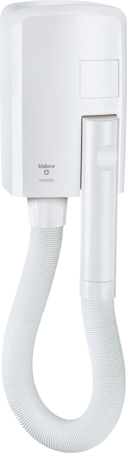 Valera Ligo Electric SA Hotel hairdryer Hotello BLDC Hotelföhn Hotello BLDC Hotel hairdryer Hotello BLDC; 14.7x23.8x11.2 cm (WxHxD); white Hotelföhn Hotello BLDC; 14.7x23.8x11.2 cm (BxHxT); weiß The Hotello BLDC from Valera is a particularly robust and compact wall-mounted hairdryer with hose that has been specially developed for professional use in hotel bathrooms, wellness and pool areas. With 1500 W power and a durable ENDURO brushless BLDC motor, it generates a powerful air flow and is designed for particularly long running times in continuous daily operation. The brushless motor achieves a service life of up to 10,000 operating hours and works efficiently with low maintenance. The hairdryer starts automatically as soon as the handle is removed from the holder, making it particularly intuitive for guests to use. An integrated 8-minute safety timer provides additional protection and switches the appliance off automatically. The flexible hose (up to 1.20 m hose length) offers comfortable freedom of movement, while the cool-touch handle sits comfortably and securely in the hand. Thanks to its compact design, the Hotello BLDC can be installed almost anywhere. Installation is particularly easy as it can be mounted on the wall without opening the appliance. The hairdryer can either be connected directly to the power circuit or operated via a plug connection, making it flexible for different hotel concepts. With IP34 protection against splashing water, it is ideal for humid environments such as hotel bathrooms or pool areas. The Hotello BLDC combines durable technology, high safety and compact design - a reliable solution for hotels that rely on robust equipment in the guest bathroom. Features: * Wall-mounted hair dryer with hose for hotels, pools and wellness areas * Powerful 1500 W for fast drying * ENDURO brushless BLDC motor with a service life of up to 10,000 hours * Automatic start when the handle is removed * 8-minute safety timer for safe operation * Flexible hose up to 1.20 m for comfortable use * Rotatable cool-touch handle * IP34 splash water protection - ideal for hotel bathrooms * Easy wall mounting without opening the device * Connection possible via hardwiring or plug connection * Includes screws and wall plugs for wall mounting * Robust corrugated wire heating element (security) for long-lasting use Der Hotello BLDC von Valera ist ein besonders robuster und kompakter Wand-Haartrockner mit Schlauch, der speziell für den professionellen Einsatz in Hotelbädern, Wellness- und Poolbereichen entwickelt wurde. Mit 1500 W Leistung und einem langlebigen ENDURO Brushless BLDC-Motor erzeugt er einen kraftvollen Luftstrom und ist auf besonders lange Laufzeiten im täglichen Dauerbetrieb ausgelegt. Der bürstenlose Motor erreicht eine Lebensdauer von bis zu 10.000 Betriebsstunden und arbeitet effizient sowie wartungsarm. Der Haartrockner startet automatisch, sobald der Handgriff aus der Halterung genommen wird, was eine besonders intuitive Nutzung für Gäste ermöglicht. Ein integrierter 8-Minuten-Sicherheits-Timer sorgt für zusätzlichen Schutz und schaltet das Gerät automatisch ab. Der flexible Schlauch ( bis 1,20 m Schlauchlänge) bietet komfortable Bewegungsfreiheit, während der Cool-Touch-Handgriff angenehm und sicher in der Hand liegt. Dank der kompakten Bauform lässt sich der Hotello BLDC nahezu überall montieren. Die Installation ist besonders einfach, da die Wandmontage ohne Öffnen des Geräts erfolgt. Der Haartrockner kann entweder direkt an den Stromkreis angeschlossen oder über eine Steckverbindung betrieben werden, was ihn flexibel für unterschiedliche Hotelkonzepte macht. Mit IP34-Schutz gegen Spritzwasser ist er ideal für feuchte Umgebungen wie Hotelbäder oder Poolbereiche geeignet. Der Hotello BLDC verbindet langlebige Technik, hohe Sicherheit und kompaktes Design – eine zuverlässige Lösung für Hotels, die auf robuste Ausstattung im Gästebad setzen. Features: * Wand-Haartrockner mit Schlauch für Hotels, Pools und Wellnessbereiche * Leistungsstarke 1500 W für schnelles Trocknen * ENDURO Brushless BLDC-Motor mit bis zu 10.000 h Lebensdauer * Automatischer Start beim Herausnehmen des Handgriffs * 8-Minuten-Sicherheits-Timer für sicheren Betrieb * Flexibler Schlauch bis 1,20 m für komfortable Nutzung * Drehbarer Cool-Touch-Handgriff * IP34-Spritzwasserschutz – ideal für Hotelbäder * Einfache Wandmontage ohne Öffnen des Geräts * Anschluss über Festverdrahtung oder Steckanschluss möglich * Inklusive Schrauben und Dübel zur Wandmontage * Robustes Welldraht-Heizelement (Security) für langlebige Nutzung