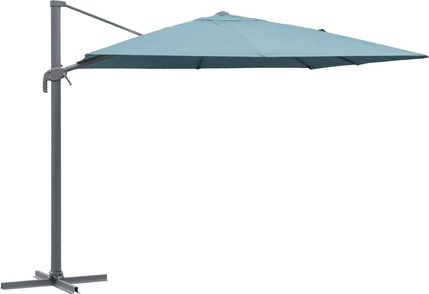 VEGA LUSINI Solutions GmbH Sunshade Elyo Ampelsonnenschirm Elyo Sunshade Elyo; 300x400x275 cm (LxWxH); turquoise; rectangular Ampelsonnenschirm Elyo; 300x400x275 cm (LxBxH); türkis; rechteckig Rectangular sunshade made of sturdy, powder-coated aluminum frame and 100% polyester cover. * Cover made of 250 g/m² * Weatherproof, lightfast, UV protection (UV radiation 50+), water-repellent * Roof surface can be rotated 360° using the foot pedal * Can be swiveled by 45° * Crank for easy opening and closing * Includes protective cover and plate sunshade stand (attachment with standard paving slabs 40x40 cm to 50x50 cm - not included) * Replacement cover available on request Please keep the sunshade closed in strong winds. Rechteckiger Ampelsonnenschirm aus stabilem, pulverbeschichtetem Aluminiumgestell und Bespannung aus 100  % Polyester. * Bespannung aus 250 g/m² * wetterfest, lichtecht, UV- Schutz (UV-Strahlung 50+), wasserabweisend * Dachfläche lässt sich mit Tritthebel um 360 ° drehen * schwenkbar um 45 ° * Kurbel für einfaches Öffnen und Schließen * inklusive Schutzhülle und Plattenschirmständer (Befestigung mit handelsüblichen Gehwegplatten 40x40 cm bis 50x50 cm - nicht enthalten) * Ersatzbespannung auf Anfrage erhältlich Bei fachgerechter Sicherung für Windgeschwindigkeiten von bis zu 50 km/h ausgelegt Hinweis: Bei starkem Wind den Sonnenschirm bitte geschlossen halten.