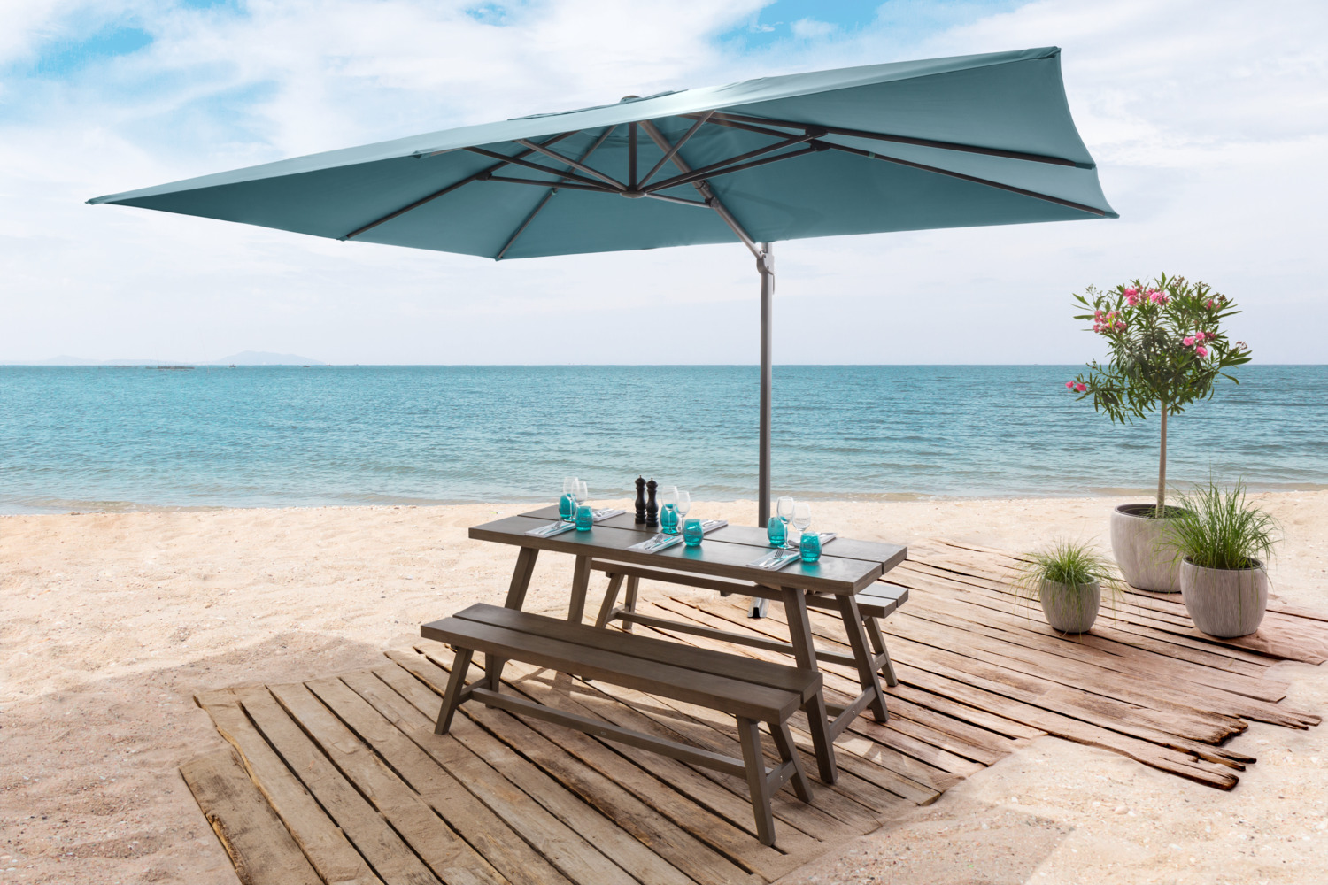 VEGA Elyo Rectangular Cantilever Sunshade, 300x400x275 cm, Turquoise, Powder-coated Aluminum Frame, UV 50+ Polyester, 360 Degree Rotation, Crank Opening
