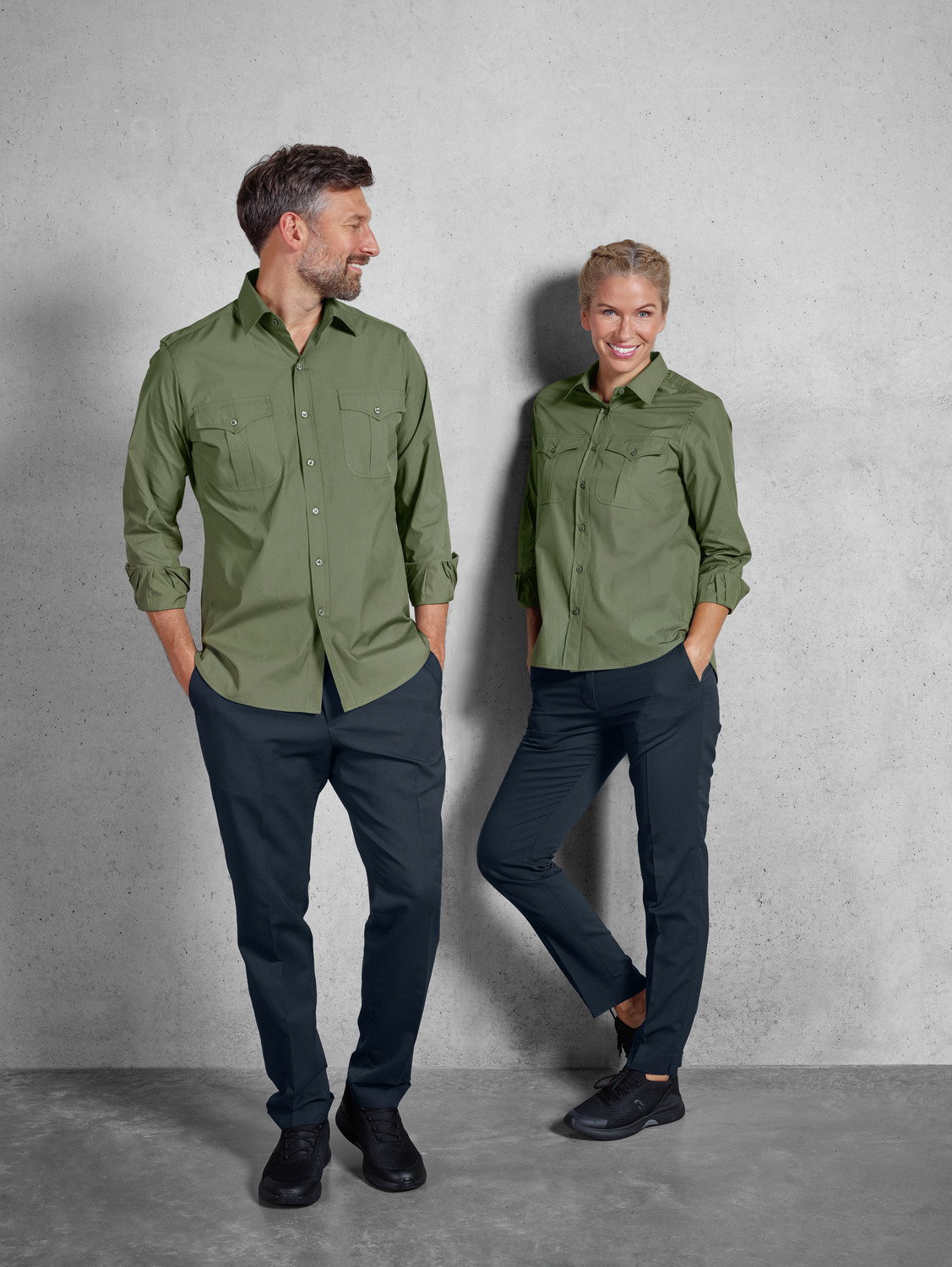Jobeline Marlon Women's Long-Sleeved Blouse, Denim Look, 67% Cotton 33% Polyester, Regular Fit, Two Breast Pockets, Olive, Size 50