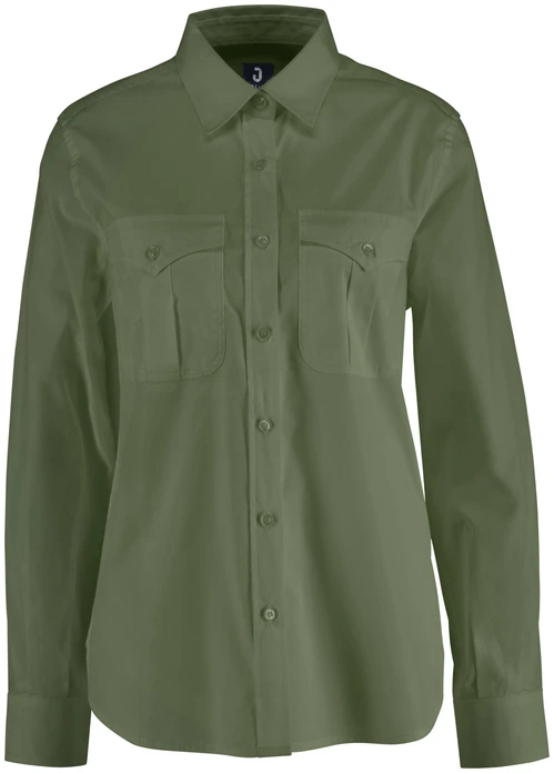 Jobeline Marlon Women's Long-Sleeved Blouse, Denim Look, 67% Cotton 33% Polyester, Regular Fit, Two Breast Pockets, Olive, Size 50