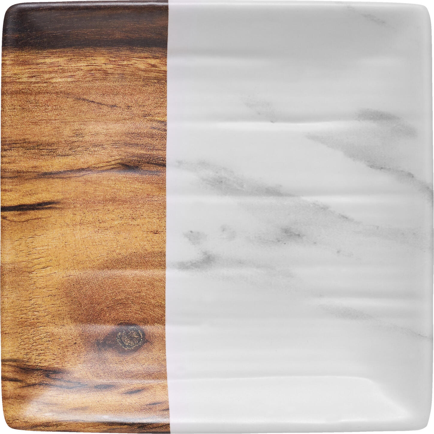VEGA Tupelo Square Melamine Platter, 15x15x1.5 cm, White and Brown Wood and Marble Look, Impact and Breakage Resistant, Dishwasher Safe, Set of 10