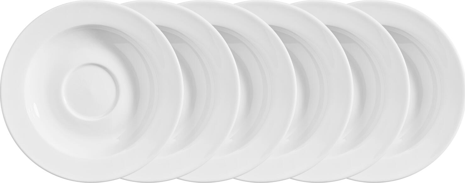 Farfurii pentru espresso VEGA Base, porțelan alb, diametru 12.5 cm, rotunde, rezistente la mașina de spălat vase și cuptor cu microunde, set de 6 piese
