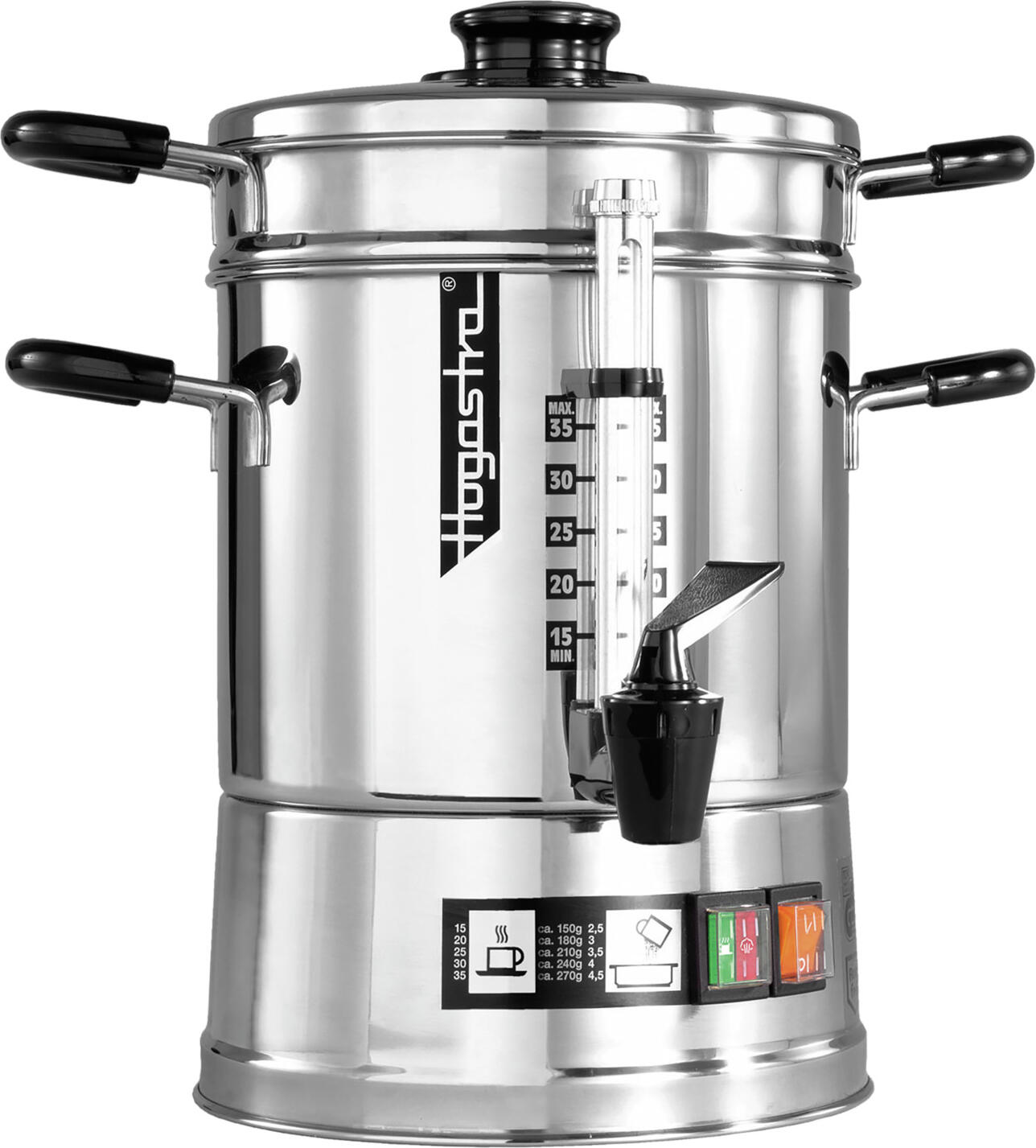 Hogastra Hogastra GmbH Coffee machine CNS-35 Kaffee-Automat CNS-35 Coffee machine CNS-35; 4.5 l, 22x38 cm (ØxH); silver/black Kaffee-Automat CNS-35; 4.5 l, 22x38 cm (ØxH); silber/schwarz Stainless steel coffee brewer CNS 35 for gastronomy & catering - maintenance-free, robust & aromatic Discover the perfect combination of traditional brewing skills and modern durability! Our professional CNS 35 stainless steel coffee brewer has been specially developed for use in commercial kitchens, restaurants, bakeries and catering businesses - for full coffee enjoyment, simple operation and maximum reliability. High quality - for perfect coffee enjoyment The traditional brewing method at 95 °C without pressure build-up guarantees a full, round flavour - just like hand-brewed coffee. Thanks to the constant heat retention temperature of approx. 83 °C, the coffee remains fresh and aromatic for hours - ideal for continuous serving. The CNS 35 is specified for a coffee volume of 2.0 - 4.5 litres. The brewing time for 35 cups is approx. 25 minutes. * Seamless, polished stainless steel containers - hygienic, easy to clean and extremely robust. * Maintenance-free: no expensive follow-up costs, no sensitive electronics. * Stable stainless steel appliance base with insulated handles for maximum safety. * Separate heating elements for brewing and keeping warm - efficient and energy-saving. Practical details that make the difference * Double function: brewing and keeping warm in one appliance. * Non-drip tap with level glass - easy to read the remaining quantity. * Internal water level indicator - convenient filling. * Stainless steel top filter with micro-fine filter disc - no filter paper required! * Automatic boil-dry protection and safety thermal limit switch for worry-free operation. * Splash-proof, GS and CE certified - approved for professional commercial kitchen use. * 2-year guarantee and 10-year spare parts supply via our central service centre. Flexible & mobile Thanks to its robust construction and splash-proof design, the coffee brewer can also be used outdoors - perfect for events, buffets or catering. Advantages at a glance: * Maintenance-free & durable * Brewing and keep-warm function in one appliance * No filter papers required * Ideal for gastronomy, commercial kitchens & catering * Safe and mobile Edelstahl-Kaffeebrüher CNS 35 für Gastronomie & Catering – wartungsfrei, robust & aromastark Entdecken Sie die perfekte Kombination aus traditioneller Brühkunst und moderner Langlebigkeit! Unser professioneller Edelstahl-Kaffeebrüher CNS 35 wurde speziell für den Einsatz in Großküchen, Gastronomie, Bäckereien und Cateringbetrieben entwickelt – für vollen Kaffeegenuss, einfache Bedienung und höchste Zuverlässigkeit. Hochwertige Qualität – für perfekten Kaffeegenuss Die traditionelle Brühweise bei 95 °C ohne Druckaufbau garantiert ein volles, rundes Aroma – ganz wie handgebrüht. Dank der konstanten Warmhaltetemperatur von ca. 83 °C bleibt der Kaffee über Stunden hinweg frisch und aromatisch – ideal für den durchgehenden Ausschank. Der CNS 35 ist für ein Kaffeevolumen von 2,0- 4,5 Liter angegeben. Die Brühzeit beträgt für 35 Tassen ca. 25 Minuten. * Nahtlos gezogene, polierte Edelstahl-Behälter – hygienisch, pflegeleicht und extrem robust. * Wartungsfrei: Keine teuren Folgekosten, keine empfindliche Elektronik. * Standsicherer Gerätesockel aus Edelstahl mit isolierten Griffen für maximale Sicherheit. * Separate Heizelemente für Brühen und Warmhalten – effizient und energiesparend. Praktische Details, die den Unterschied machen * Doppelfunktion: Brühen und Warmhalten in einem Gerät. * Non-Drip-Hahn mit Pegelglas – leichtes Ablesen der Restmenge. * Innenliegende Wasserstandsanzeige – komfortables Befüllen. * Edelstahl-Aufsatzfilter mit Micro-Feinfilterscheibe – kein Filterpapier nötig! * Automatischer Trockengehschutz und Sicherheits-Thermoendschalter für sorgenfreien Betrieb. * Spritzwassergeschützt, GS- und CE-zertifiziert – zugelassen für den professionellen Großkücheneinsatz. * 2 Jahre Garantie und 10 Jahre Ersatzteilversorgung über unseren Zentral-Service. Flexibel & mobil Dank der robusten Bauweise und der spritzwassergeschützten Ausführung ist der Kaffeebrüher auch im Freien einsetzbar – perfekt für Events, Buffets oder Catering. Vorteile auf einen Blick: * Wartungsfrei & langlebig * Brüh- und Warmhaltefunktion in einem Gerät * Keine Filterpapiere nötig * Ideal für Gastronomie, Großküche & Catering * Sicher und mobil