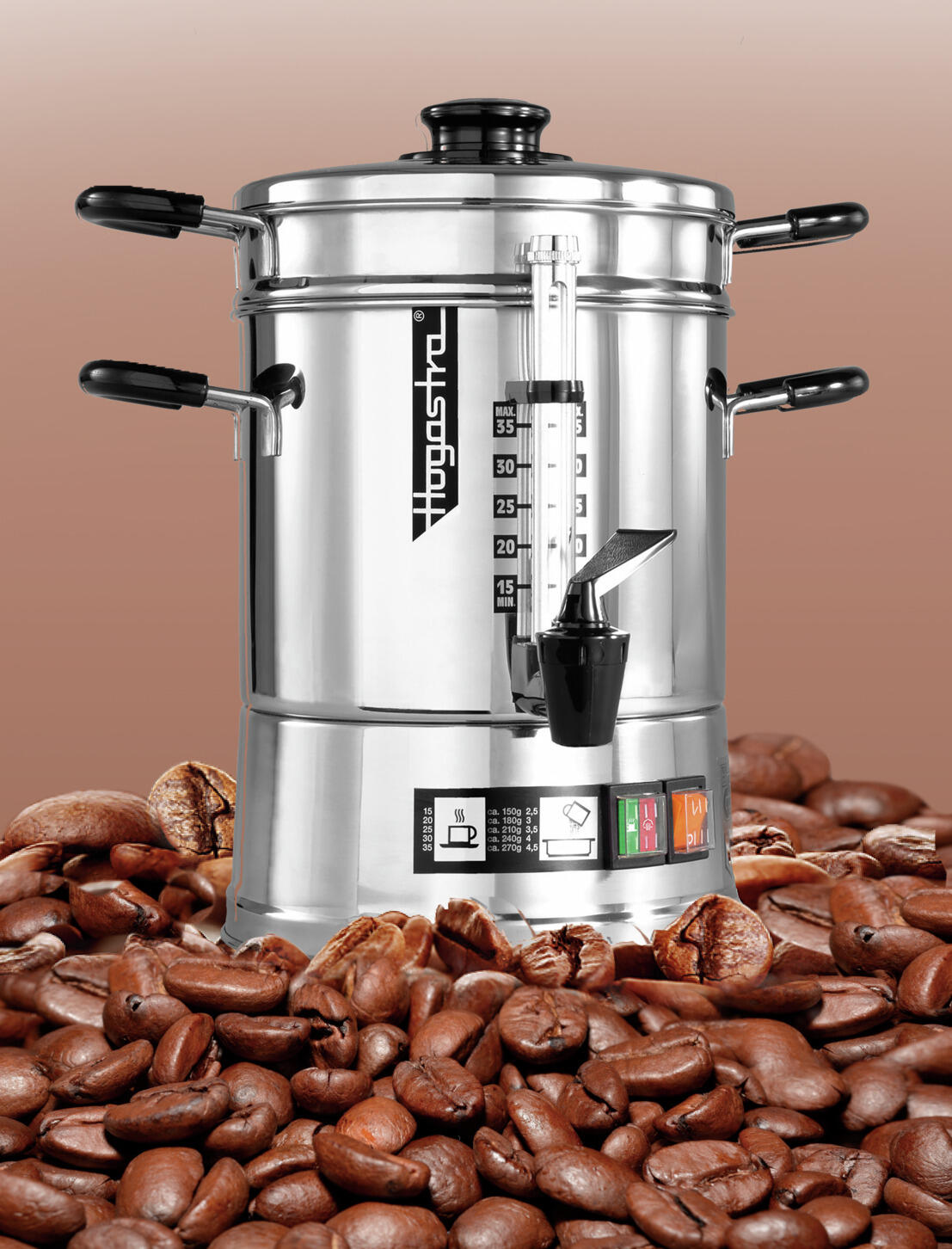 Hogastra CNS-35 Cafetiera Profesionala Percolator, Otel Inoxidabil, Capacitate 2.0-4.5L, Pana la 35 de Cani, 1600W, Robinet Non-Drip, Argintiu/Negru