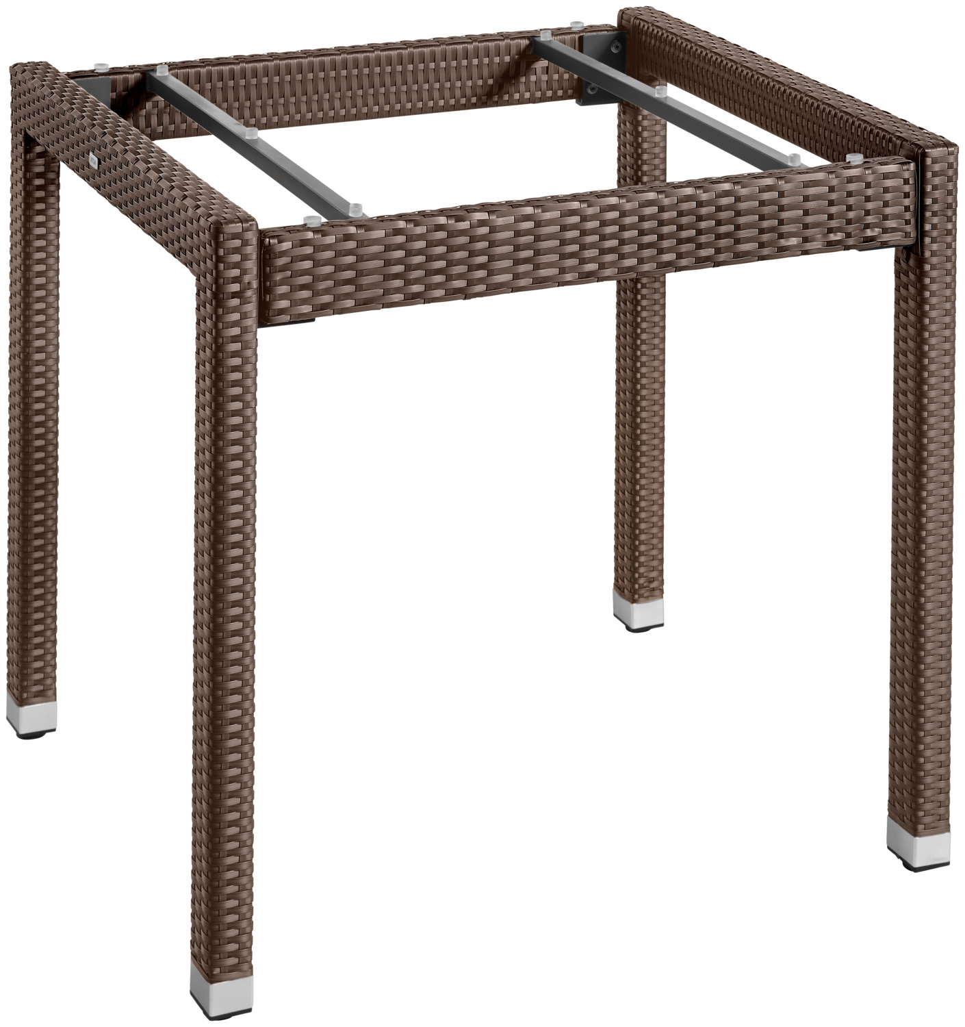 VEGA LUSINI Solutions GmbH Table frame Metropolitan Tischgestell Metropolitan Table frame Metropolitan; 80x80x75 cm (LxWxH); tobacco; rectangular Tischgestell Metropolitan; 80x80x75 cm (LxBxH); tabak; rechteckig Table frame made of high quality plastic wicker with sturdy aluminum frame. Aluminum caps on the feet. Adjustable glides on the underside. UV resistant and weatherproof. Suitable for outdoor use. Delivery is disassembled, including mounting hardware. Please order matching table top Metropolitan at the same time. Tischgestell aus hochwertigem Kunststoffgeflecht mit stabilem Aluminiumgestell. Alukappen an den Füßen. Verstellgleiter auf der Unterseite. UV-beständig und wetterfest. Für den Außenbereich geeignet. Lieferung erfolgt zerlegt, inklusive Befestigungsmaterial. Passende Tischplatte Metropolitan bitte separat dazu bestellen.