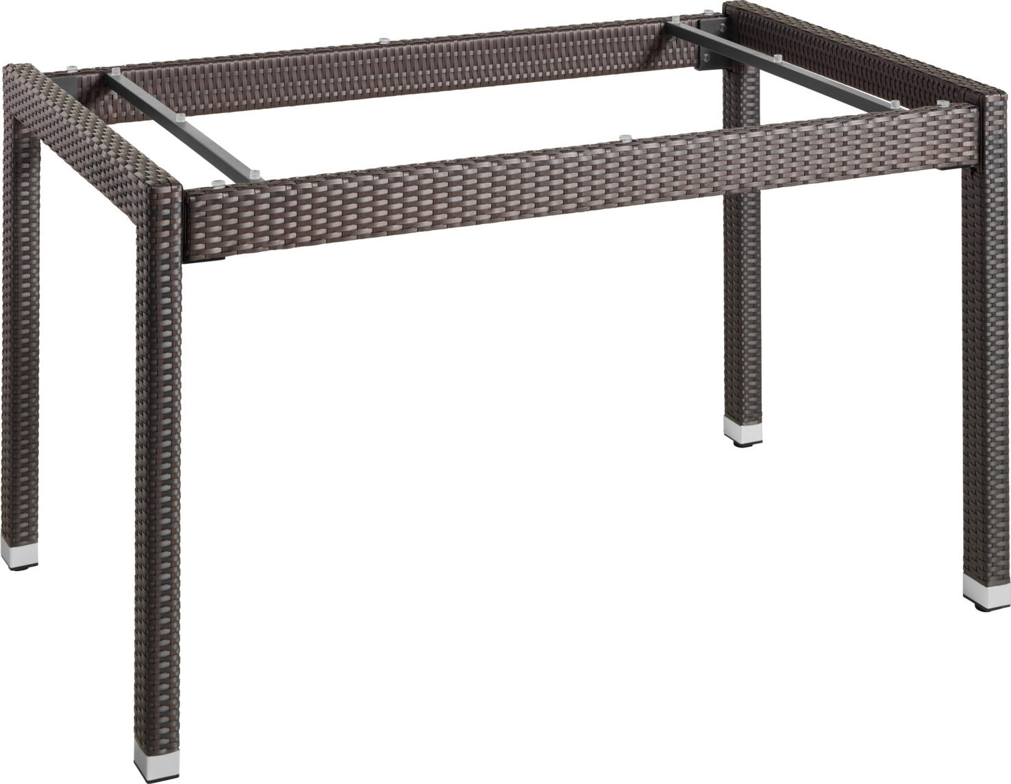 VEGA LUSINI Solutions GmbH Table frame Metropolitan Tischgestell Metropolitan Table frame Metropolitan; 130x80x75 cm (LxWxH); dark-taupe; rectangular Tischgestell Metropolitan; 130x80x75 cm (LxBxH); dunkeltaupe; rechteckig Table frame made of high quality plastic wicker with sturdy aluminum frame. Aluminum caps on the feet. Adjustable glides on the underside. UV resistant and weatherproof. Suitable for outdoor use. Delivery is disassembled, including mounting hardware. Please order matching table top Metropolitan at the same time. Tischgestell aus hochwertigem Kunststoffgeflecht mit stabilem Aluminiumgestell. Alukappen an den Füßen. Verstellgleiter auf der Unterseite. UV-beständig und wetterfest. Für den Außenbereich geeignet. Lieferung erfolgt zerlegt, inklusive Befestigungsmaterial. Passende Tischplatte Metropolitan bitte separat dazu bestellen.