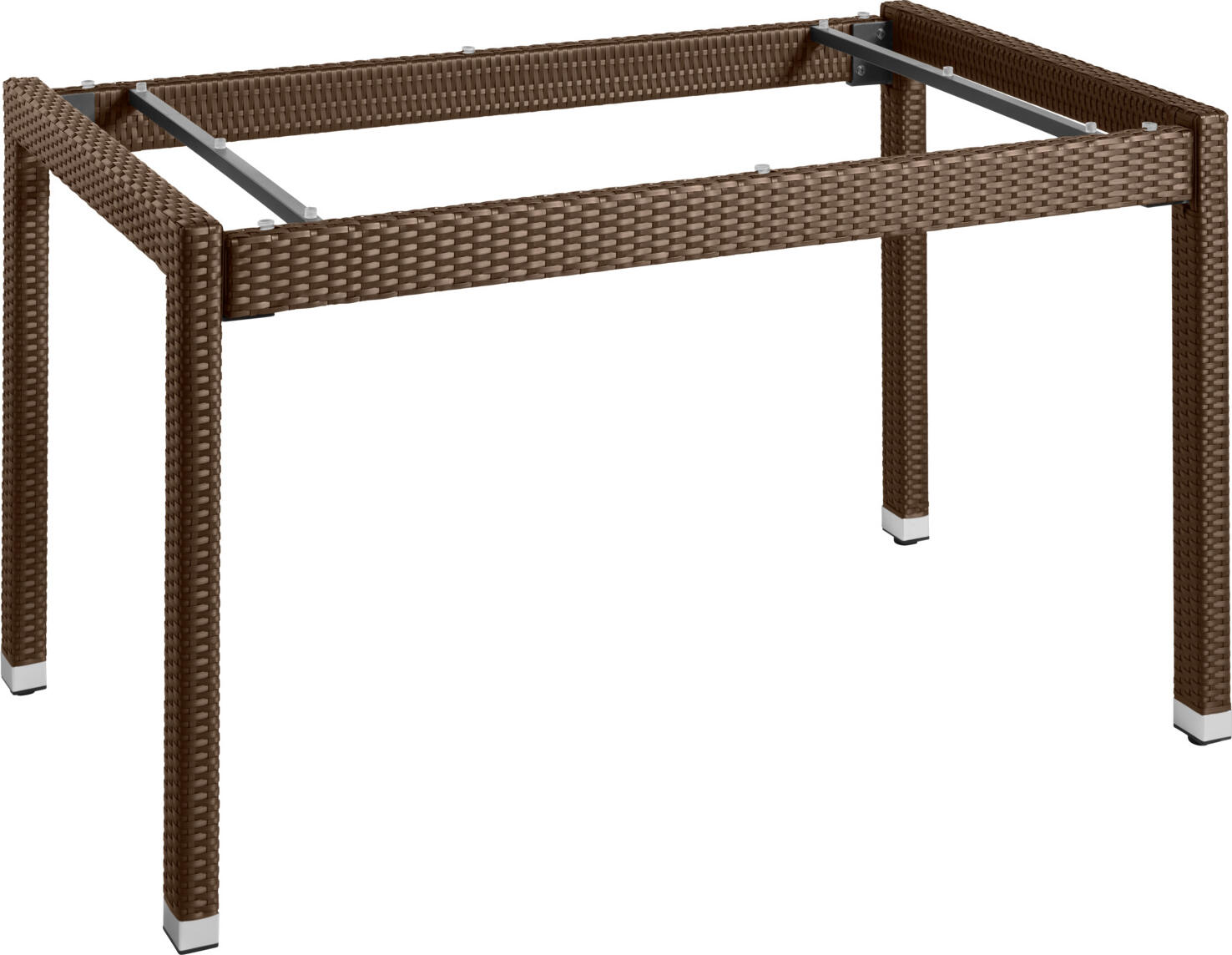 VEGA LUSINI Solutions GmbH Table frame Metropolitan Tischgestell Metropolitan Table frame Metropolitan; 130x80x75 cm (LxWxH); tobacco; rectangular Tischgestell Metropolitan; 130x80x75 cm (LxBxH); tabak; rechteckig Table frame made of high quality plastic wicker with sturdy aluminum frame. Aluminum caps on the feet. Adjustable glides on the underside. UV resistant and weatherproof. Suitable for outdoor use. Delivery is disassembled, including mounting hardware. Please order matching table top Metropolitan at the same time. Tischgestell aus hochwertigem Kunststoffgeflecht mit stabilem Aluminiumgestell. Alukappen an den Füßen. Verstellgleiter auf der Unterseite. UV-beständig und wetterfest. Für den Außenbereich geeignet. Lieferung erfolgt zerlegt, inklusive Befestigungsmaterial. Passende Tischplatte Metropolitan bitte separat dazu bestellen.