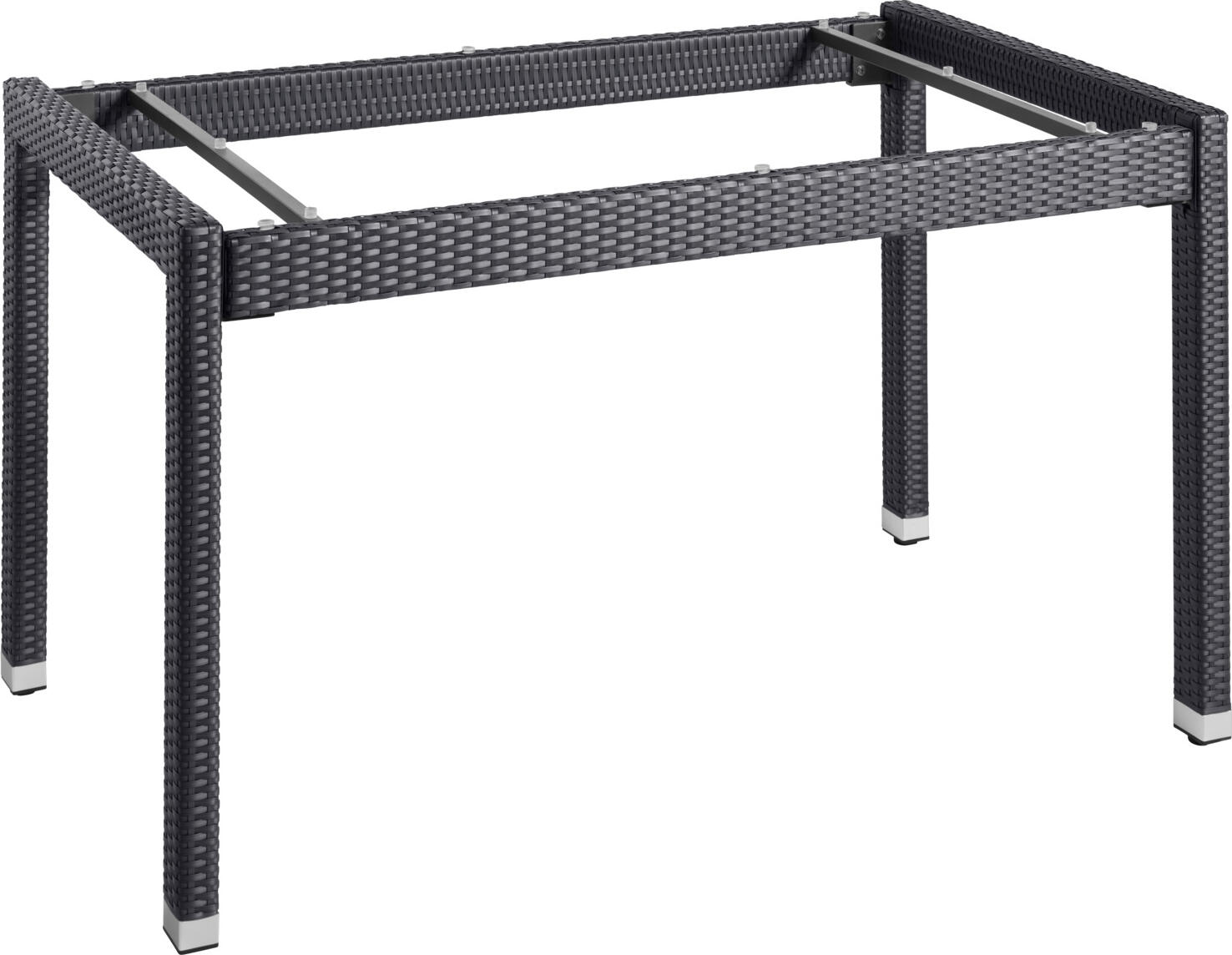 VEGA LUSINI Solutions GmbH Table frame Metropolitan Tischgestell Metropolitan Table frame Metropolitan; 130x80x75 cm (LxWxH); black; rectangular Tischgestell Metropolitan; 130x80x75 cm (LxBxH); schwarz; rechteckig Table frame made of high quality plastic wicker with sturdy aluminum frame. Aluminum caps on the feet. Adjustable glides on the underside. UV resistant and weatherproof. Suitable for outdoor use. Delivery is disassembled, including mounting hardware. Please order matching table top Metropolitan at the same time. Tischgestell aus hochwertigem Kunststoffgeflecht mit stabilem Aluminiumgestell. Alukappen an den Füßen. Verstellgleiter auf der Unterseite. UV-beständig und wetterfest. Für den Außenbereich geeignet. Lieferung erfolgt zerlegt, inklusive Befestigungsmaterial. Passende Tischplatte Metropolitan bitte separat dazu bestellen.