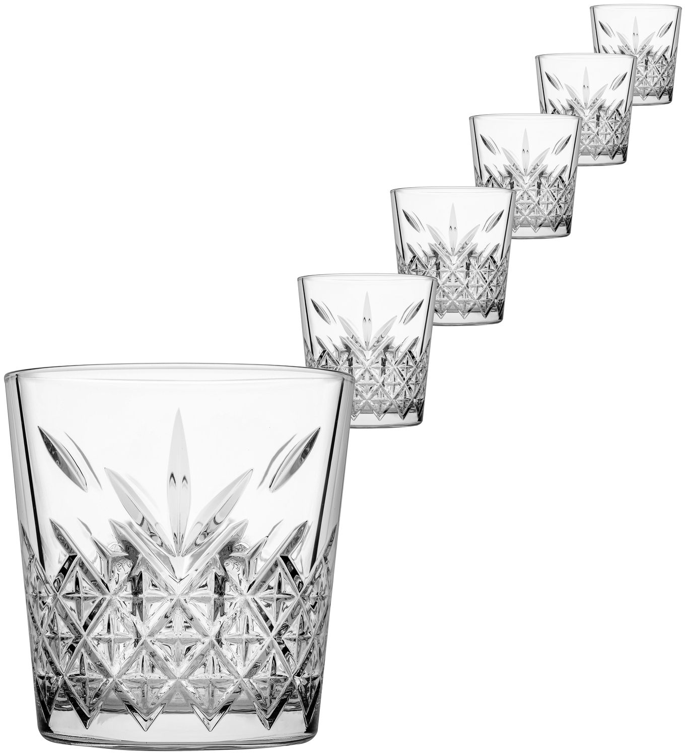 Pahar de Whisky Pasabahce Timeless, 355 ml Sticla cu Taiala, Sticla Temperata Transparenta cu Model Relievat, Inaltime 96 mm, Rezistent la Masina de Spalat Vase