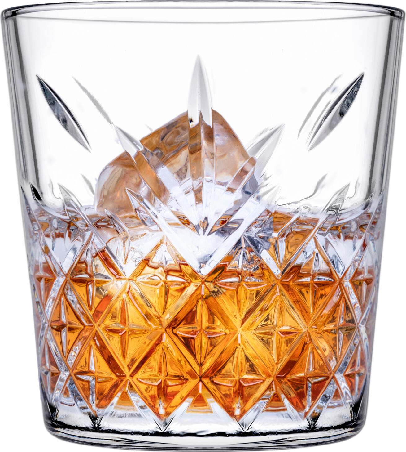 Pahar de Whisky Pasabahce Timeless, 355 ml Sticla cu Taiala, Sticla Temperata Transparenta cu Model Relievat, Inaltime 96 mm, Rezistent la Masina de Spalat Vase