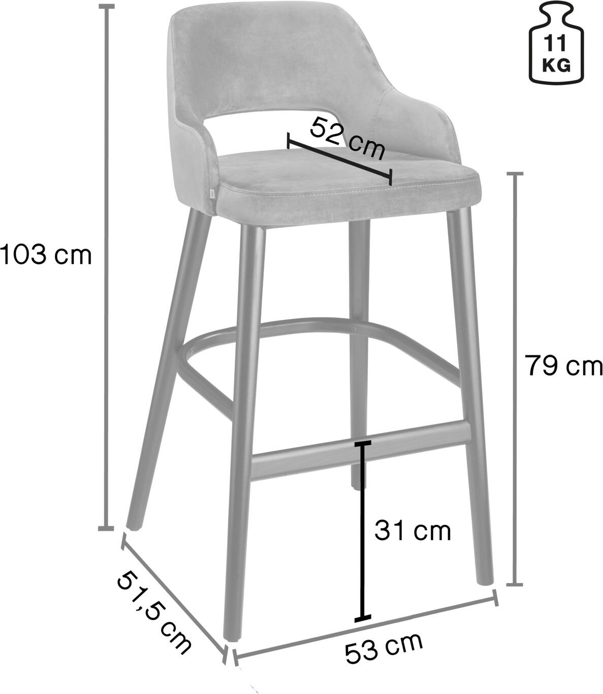 VEGA Tonda Bar Stool, Grey Velvet Seat, Black Lacquered Beech Wood Legs, Steel Footrest, 53x62x103 cm, Fire Retardant, Integrated Armrests