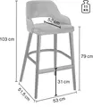 VEGA Tonda Bar Stool, Grey Velvet Seat, Black Lacquered Beech Wood Legs, Steel Footrest, 53x62x103 cm, Fire Retardant, Integrated Armrests