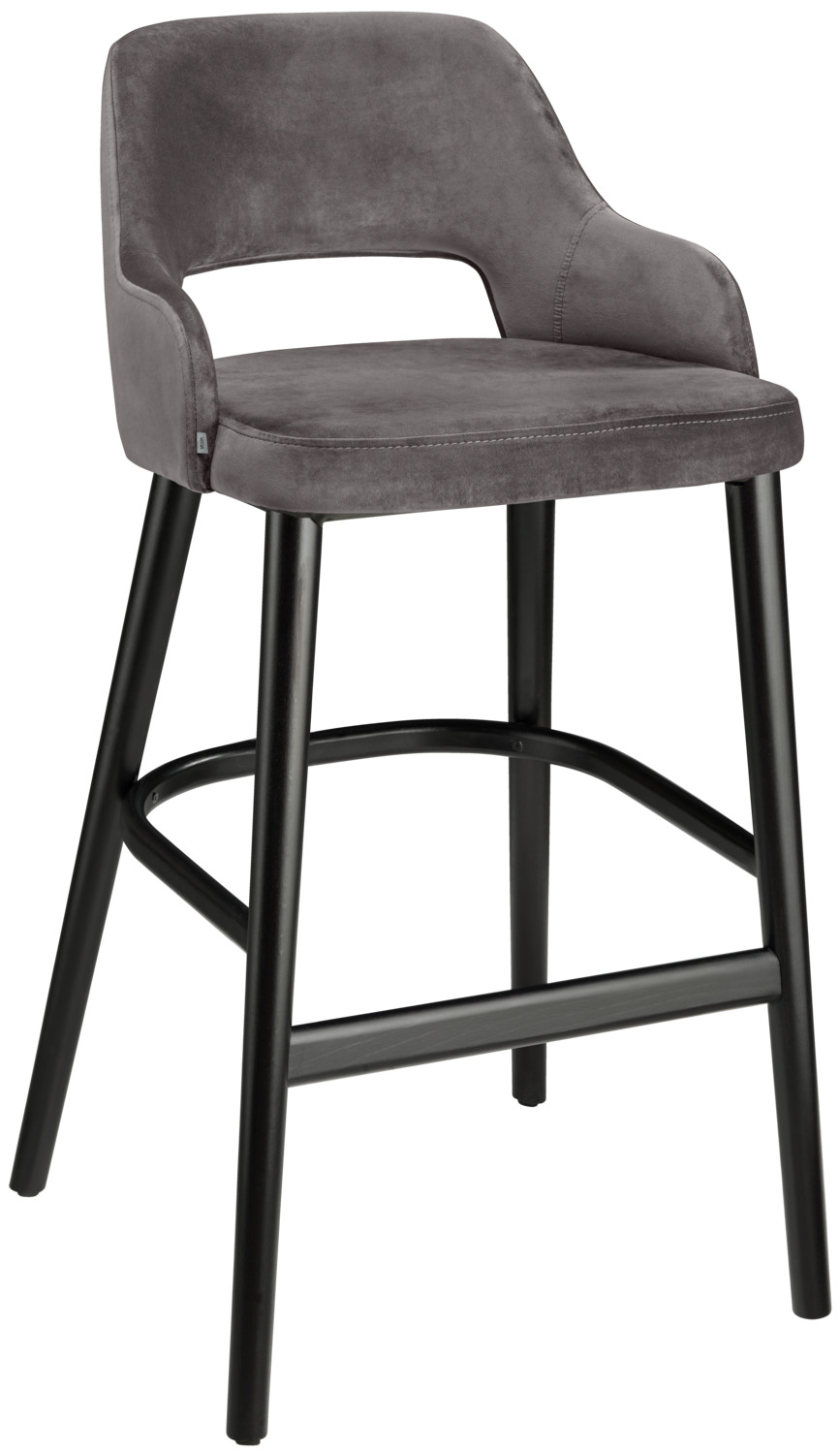 VEGA LUSINI Solutions GmbH Bar stool Tonda Barstuhl Tonda Bar stool Tonda; 53x62x103 cm (WxDxH); seat grey, base black Barstuhl Tonda; 53x62x103 cm (BxTxH); Sitz grau, Gestell schwarz Elegant bar chair made of velvet cover (100% polyester) and black lacquered beech legs. Fire retardant cover. Recess on the backrest. Suitable for indoor use only. Includes plastic glides and steel kick plate. Supplied assembled. Please order matching chair at the same time. Eleganter Barstuhl aus Samtbezug (100 % Polyester) und schwarz lackierten Buchenbeinen. Feuerhemmender Bezug. Aussparung an der Rückenlehne. Nur für den Innenbereich geeignet. Inklusive Kunststoffgleiter und Trittschutz aus Stahl. Lieferung erfolgt montiert. Passenden Stuhl gleich mitbestellen.