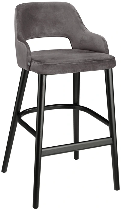 VEGA Tonda Bar Stool, Grey Velvet Seat, Black Lacquered Beech Wood Legs, Steel Footrest, 53x62x103 cm, Fire Retardant, Integrated Armrests