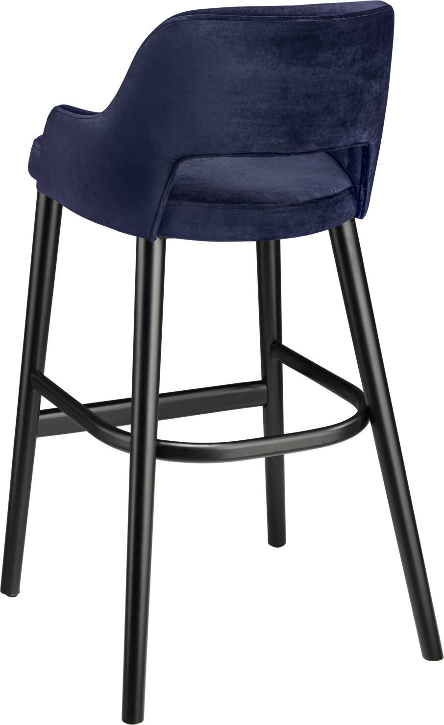 VEGA Tonda Bar Stool, Assembled, Dark-blue Velvet Seat, Black Lacquered Beech Wood Legs, with Armrests and Steel Kick Plate, 53x62x103 cm