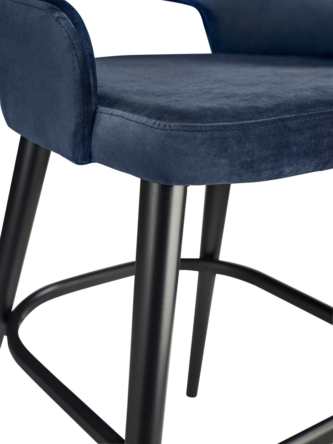 VEGA Tonda Bar Stool, Assembled, Dark-blue Velvet Seat, Black Lacquered Beech Wood Legs, with Armrests and Steel Kick Plate, 53x62x103 cm