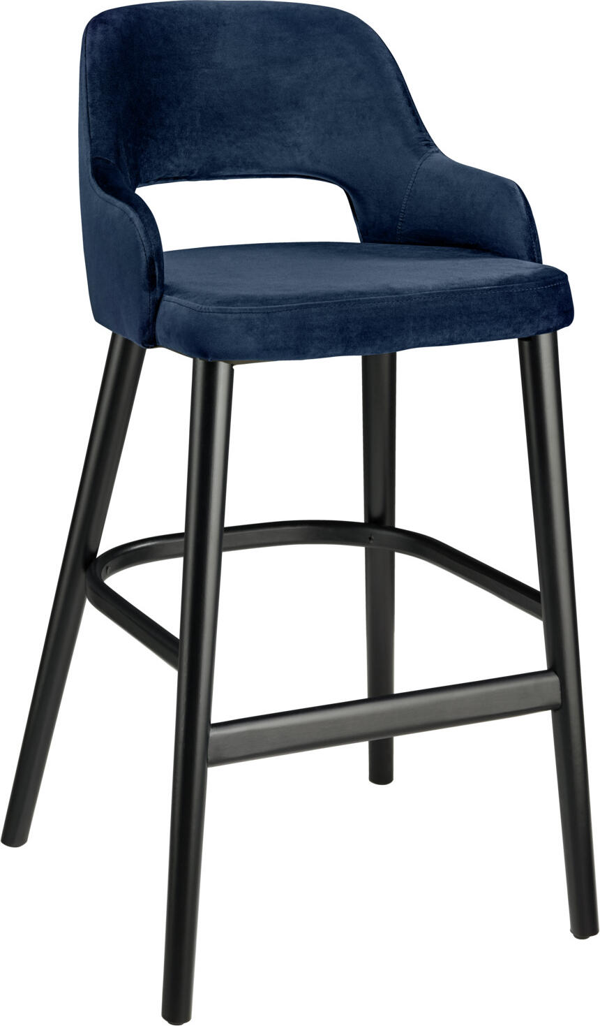 VEGA LUSINI Solutions GmbH Bar stool Tonda Barstuhl Tonda Bar stool Tonda; 53x62x103 cm (WxDxH); seat dark-blue, base black Barstuhl Tonda; 53x62x103 cm (BxTxH); Sitz dunkelblau, Gestell schwarz Elegant bar chair made of velvet cover (100% polyester) and black lacquered beech legs. Fire retardant cover. Recess on the backrest. Suitable for indoor use only. Includes plastic glides and steel kick plate. Supplied assembled. Please order matching chair at the same time. Eleganter Barstuhl aus Samtbezug (100 % Polyester) und schwarz lackierten Buchenbeinen. Feuerhemmender Bezug. Aussparung an der Rückenlehne. Nur für den Innenbereich geeignet. Inklusive Kunststoffgleiter und Trittschutz aus Stahl. Lieferung erfolgt montiert. Passenden Stuhl gleich mitbestellen.