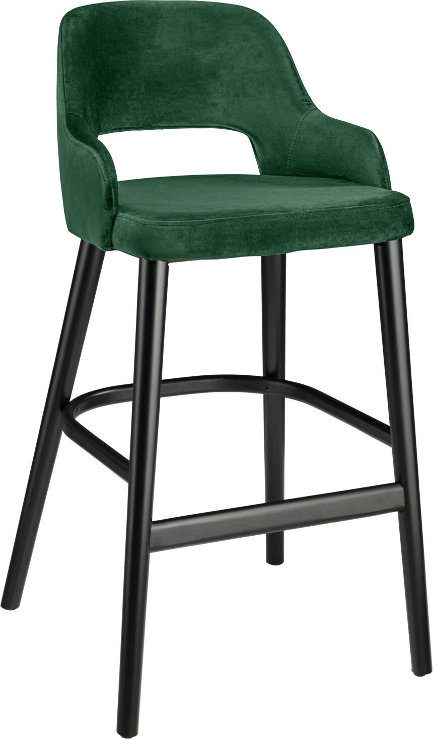 VEGA LUSINI Solutions GmbH Bar stool Tonda Barstuhl Tonda Bar stool Tonda; 53x62x103 cm (WxDxH); seat fir-green, base black Barstuhl Tonda; 53x62x103 cm (BxTxH); Sitz tannengrün, Gestell schwarz Elegant bar chair made of velvet cover (100% polyester) and black lacquered beech legs. Fire retardant cover. Recess on the backrest. Suitable for indoor use only. Includes plastic glides and steel kick plate. Supplied assembled. Please order matching chair at the same time. Eleganter Barstuhl aus Samtbezug (100 % Polyester) und schwarz lackierten Buchenbeinen. Feuerhemmender Bezug. Aussparung an der Rückenlehne. Nur für den Innenbereich geeignet. Inklusive Kunststoffgleiter und Trittschutz aus Stahl. Lieferung erfolgt montiert. Passenden Stuhl gleich mitbestellen.