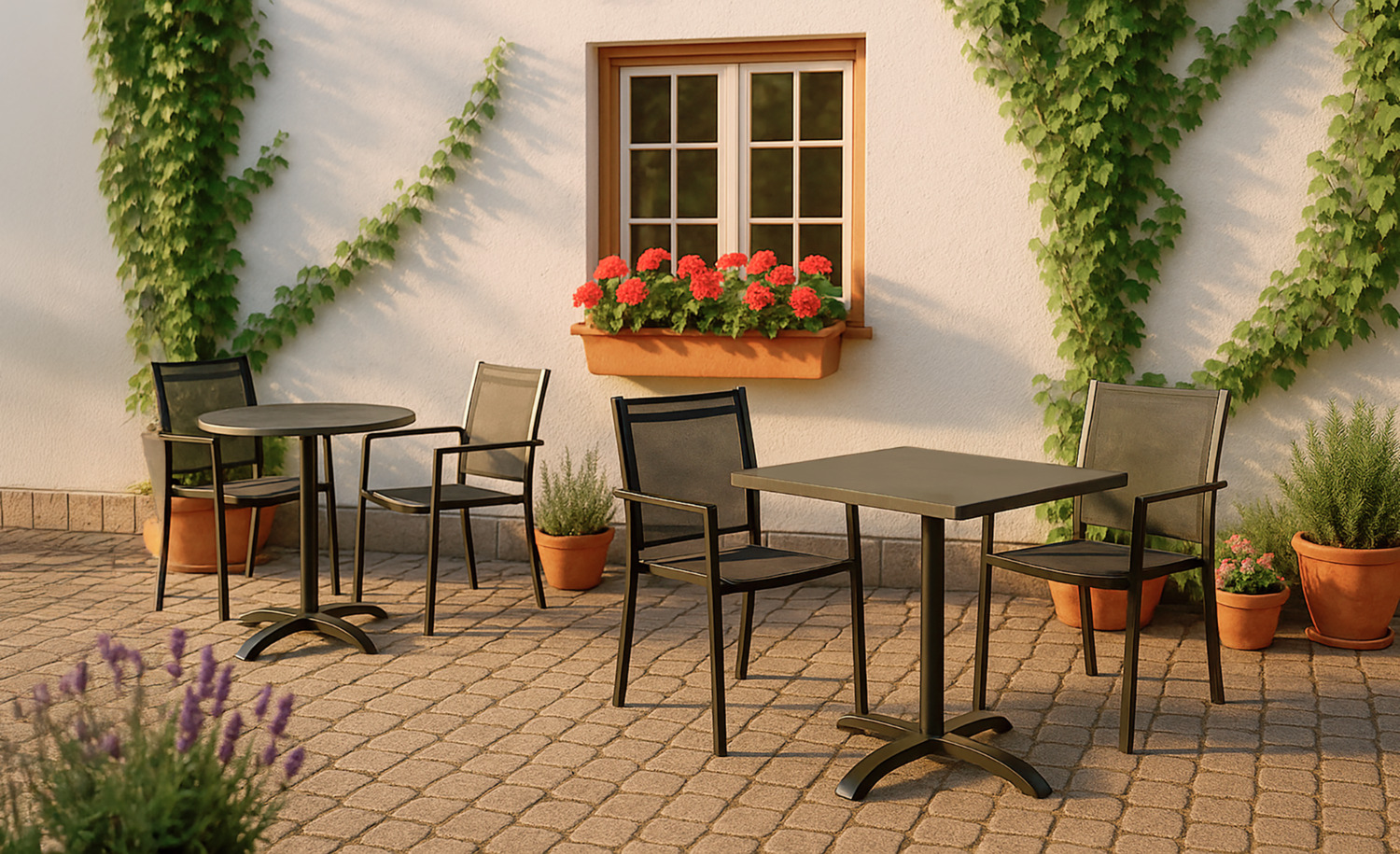Pulsiva Sevelit Square Outdoor Table, 70x70x73.6 cm, Anthracite Wood-Plastic Composite Top, Black Powder-Coated Aluminum Frame, Weatherproof