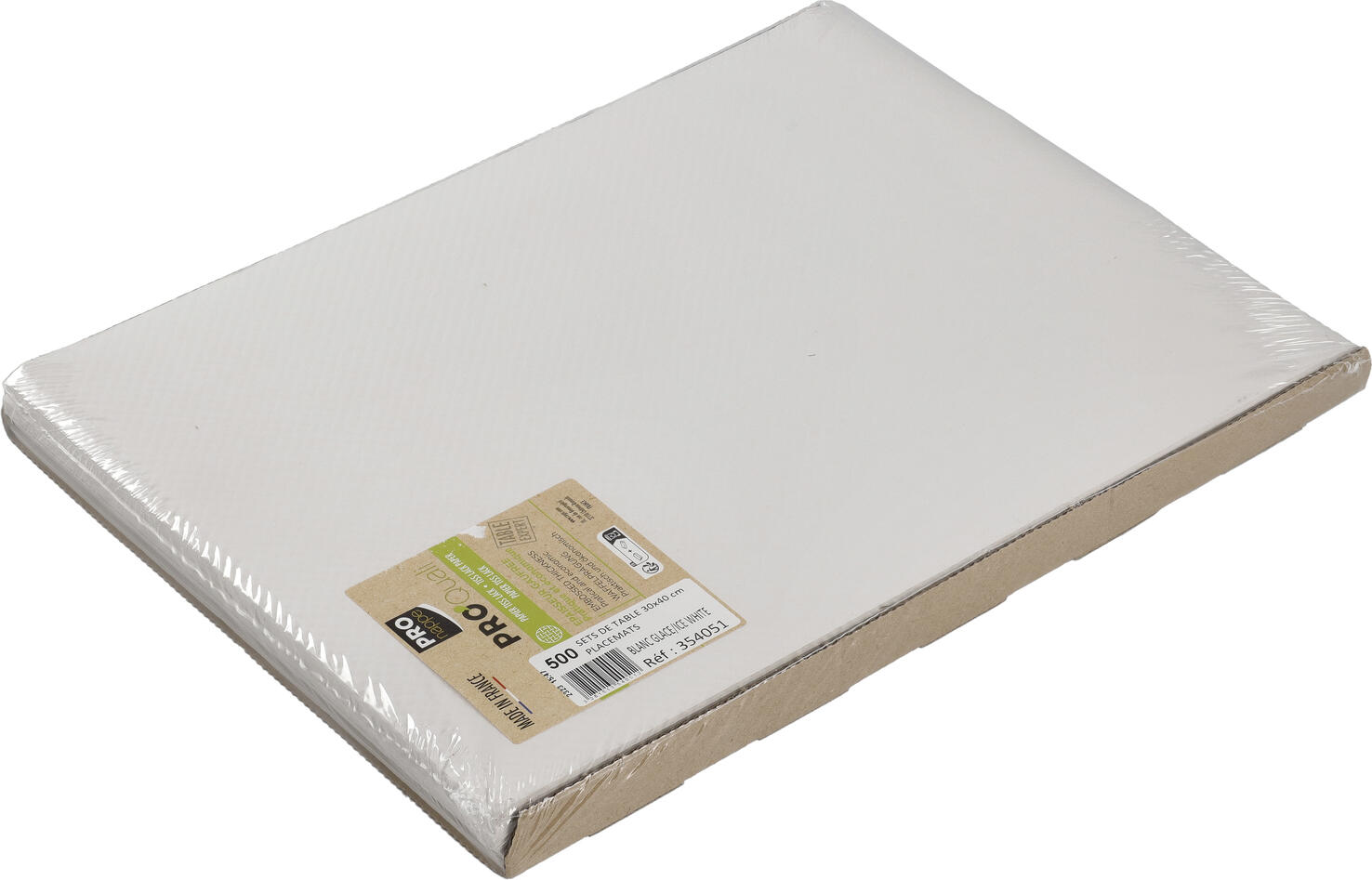PROnappe Paper placemat Selection Papiertischset Selection Paper placemat Selection; 30x40 cm (WxL); white; rectangular; 500 piece / pack Papiertischset Selection; 30x40 cm (BxL); weiß; rechteckig; 500 Stück / Pack Square paper placemat in lacquer look made of paper (60 g/m²). Surface with honeycomb structure and satin effect. Attractive, linear design. Can be combined in many ways. Water repellent. UV-resistant. Robust and high quality. Quadratische Papiertischdecke in Lack- Optik aus Papier (60 g/m²). Oberfläche mit Wabenstruktur und Satineffekt. Ansprechendes, geradliniges Design. Vielseitig kombinierbar. Wasserabweisend. UV-beständig. Robust und hochwertig.