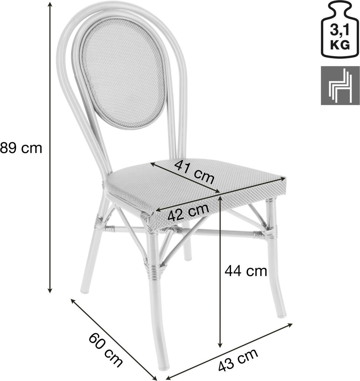 Set de 2 scaune exterioare stivuibile PULSIVA LUSINI Elm, fara cotiere, aluminiu vopsit electrostatic, textil rezistent la intemperii, 43x60x89 cm