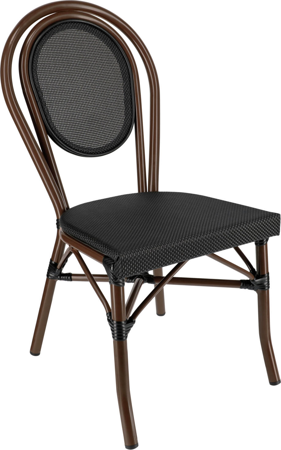 PULSIVA LUSINI Solutions GmbH Outdoor stacking chair Elm without armrests Outdoor-Stapelstuhl Elm ohne Armlehnen Outdoor stacking chair Elm without armrests; 43x60x89 cm (WxDxH); seat black, base brown; 2 piece / pack Outdoor-Stapelstuhl Elm ohne Armlehnen; 43x60x89 cm (BxTxH); Sitz schwarz, Gestell braun; 2 Stück / Pack Robust outdoor chair Elm, made of powder-coated aluminum (material thickness 1.5 mm) and with durable, weatherproof textile covering for seat and back, this stacking chair offers maximum flexibility and comfort. Thanks to its UV-resistant surface, it is optimally protected against the weather. The integrated plastic glides protect the floor and ensure stability. Robust, easy to clean and stackable - the Elm outdoor chair is the perfect choice for restaurants, cafés and outdoor catering establishments. Robuster Outdoorstuhl Elm, gefertigt aus pulverbeschichtetem Aluminium (Materialstärke 1,5 mm) und mit langlebiger, wetterfester Textilenbespannung für Sitz und Rücken, bietet dieser Stapelstuhl maximale Flexibilität und Komfort. Dank seiner UV-beständigen Oberfläche ist er bestens gegen Witterungseinflüsse geschützt. Die integrierten Kunststoffgleiter schonen den Boden und sorgen für sicheren Stand. Robust, pflegeleicht und stapelbar – der Outdoorstuhl Elm ist die perfekte Wahl für Restaurants, Cafés und Gastronomiebetriebe im Freien.