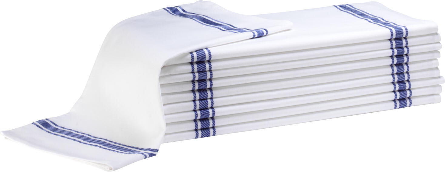 PULSIVA LUSINI Solutions GmbH Tea towels Rügen Geschirrtücher Rügen Tea towels Rügen; 50x70 cm (WxL); white/blue; rectangular; 10 piece / pack Geschirrtücher Rügen; 50x70 cm (BxL); weiß/blau; rechteckig; 10 Stück / Pack 100% cotton. Weight approx. 175 g/m². Available in two colors to avoid cross contamination. Robust. 100 % Baumwolle. Gewicht ca.175 g/m². Robustes Geschirrtuch, vielseitig einsetzbar. Um Kreuzkontaminationen zu vermeiden, sind diese Geschirrtücher in zwei Farben erhältlich, sodass sie für jeden bezeichneten Bereich eingesetzt werden können. Trocknergeeignet.