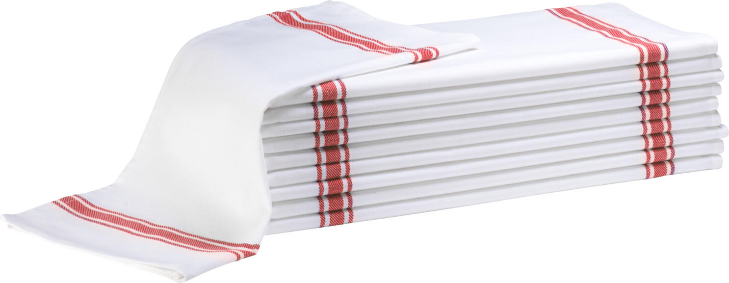 PULSIVA LUSINI Solutions GmbH Tea towels Rügen Geschirrtücher Rügen Tea towels Rügen; 50x70 cm (WxL); white/red; rectangular; 10 piece / pack Geschirrtücher Rügen; 50x70 cm (BxL); weiß/rot; rechteckig; 10 Stück / Pack 100% cotton. Weight approx. 175 g/m². Available in two colors to avoid cross contamination. Robust. 100 % Baumwolle. Gewicht ca.175 g/m². Robustes Geschirrtuch, vielseitig einsetzbar. Um Kreuzkontaminationen zu vermeiden, sind diese Geschirrtücher in zwei Farben erhältlich, sodass sie für jeden bezeichneten Bereich eingesetzt werden können. Trocknergeeignet.