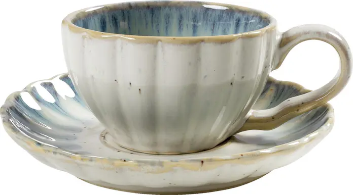 Set de 6 cești de espresso VEGA Flora, 100ml din Porțelan cu Farfurii, Design Floral în Formă de Valuri, Albastru/Bej, Compatibile cu Mașina de Spălat Vase și Cuptorul cu Microunde