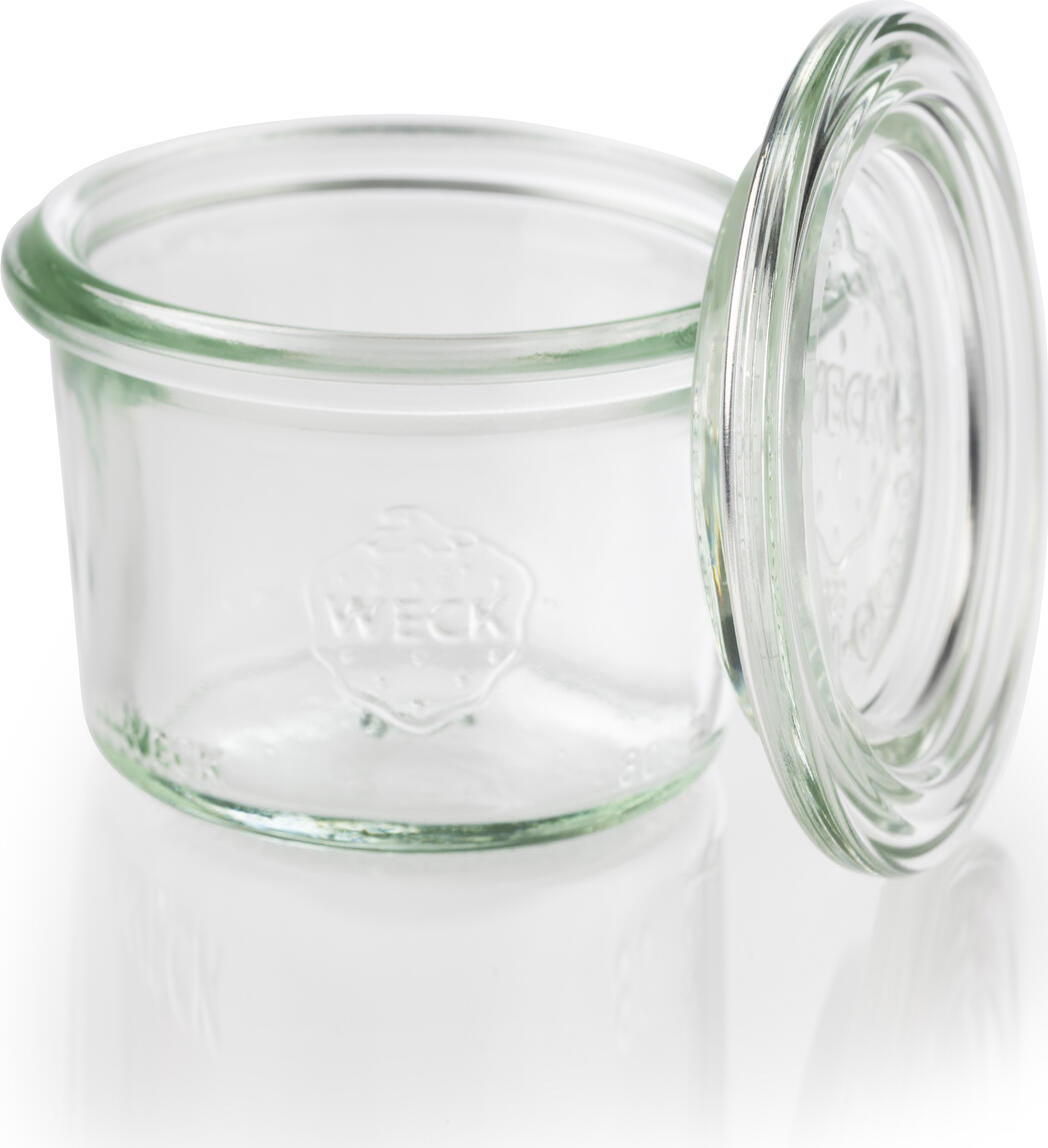 Borcane de Conserve WECK din Sticla 80ml Transparente cu Capac pentru Deserturi, Aperitive si Salate, Compatibile cu Masina de Spalat Vase, 12 bucati