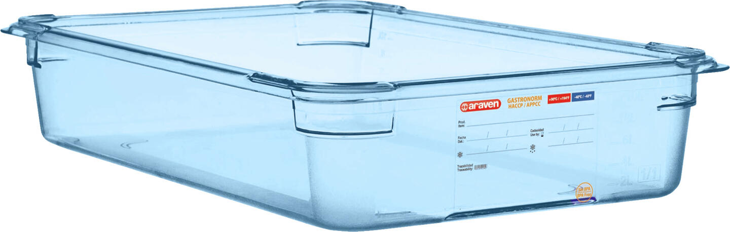 Araven Araven Food Safety innovation Food container  GN 1/1 made from ABS Lebensmittelbehälter GN 1/1 blau Food container  GN 1/1 made from ABS; size GN 1/1, 13 l, 53x32.5x10 cm (LxWxD); blue Lebensmittelbehälter GN 1/1 blau; Größe GN 1/1, 13 l, 53x32.5x10 cm (LxBxT); blau GN 1/1 ABS food container with integrated label. Rounded edges for easy and thorough cleaning. BPA-free. Heat-resistant from -40 °C to +80 °C. Can be used with Araven hermetic lids. Suitable for dishwashers. GN 1/1 ABS Lebensmittelbehälter mit integriertem Etikett. Abgerundete Kanten für leichte und gründliche Reinigung. BPA frei. Hitzebeständig von -40° bis +80°C. Kombinierbar mit den hermetischen Deckeln von Araven. Spülmaschinengeeignet.