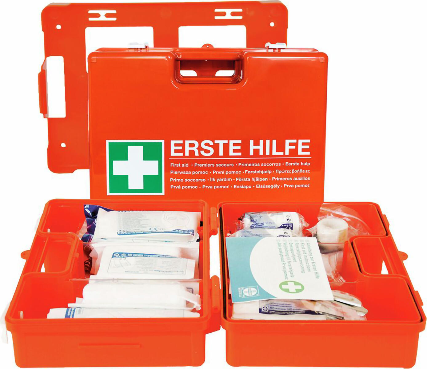 Hygonorm Franz Mensch GmbH First aid kit according to DIN 13157 Erste-Hilfe-Koffer nach DIN 13157 First aid kit according to DIN 13157; 27.5x20x11.5 cm (LxWxH); orange Erste-Hilfe-Koffer nach DIN 13157; 27.5x20x11.5 cm (LxBxH); orange With contents according to DIN 13157 (64 pieces). Case made of robust ABS plastic, with wall bracket and rubber seal.  Contents strictly controlled according to the Medical Devices Act. The first aid case is equipped with blue detectable plasters. This makes it the ideal first aid kit for the food industry. Detectable plasters can be recognized by a detector machine. Thus, they do not contaminate the food in case the plasters ever get into the production. The blue color of the detectable plasters ensures good visual recognition, as they stand out perfectly from the food - for greater hygiene and safety in food production. In addition, the first-aid kit has very practical interior compartments. The interior compartments ensure order and clarity. This means that in an emergency, the first-aid equipment is ready to hand more quickly. Depending on the type and size of a company, first aid equipment must be kept ready in accordance with the accident prevention regulations of the employers' liability insurance associations. Depending on the number of employees, the following first aid kits must be available as basic equipment: Manufacturing and processing companies: 1 - 20 employees 1x DIN 13 157 21 - 100 employees 1x DIN 13 169 per 100 additional employees 1x DIN 13 169 Administrative and commercial companies: 1 - 50 employees 1x DIN 13 157 51 - 300 employees 1x DIN 13 169 per 300 additional employees 1x DIN 13 169 * For quick help in case of emergency * Box made of robust ABS plastic, impact and break resistant * First aid box with wall bracket, can be hung up centrally accessible * 4 - 5 years durable **Verbandkoffer DIN 13157 aus ABS-Kunststoff – Schlagfest, mobil und stationär einsetzbar** Der Verbandkoffer nach **DIN 13157** bietet eine normgerechte Erste-Hilfe-Ausstattung für Betriebe, Werkstätten, Büros, Lager, Baustellen und öffentliche Einrichtungen. Das robuste Gehäuse aus hochwertigem **ABS-Kunststoff** ist schlag- und bruchfest und schützt den Inhalt zuverlässig vor Staub und Feuchtigkeit. Dank der integrierten Wandhalterung kann der Erste-Hilfe-Koffer sowohl stationär als auch mobil eingesetzt werden. Die auffällige orangefarbene Ausführung mit Erste-Hilfe-Symbol und der Aufschrift „Erste Hilfe“ sorgt für eine schnelle Erkennbarkeit im Notfall. Eine umlaufende Gummidichtung schützt den Inhalt zusätzlich, während die verstellbare Inneneinteilung für eine übersichtliche Organisation der Verbandmaterialien sorgt. Der Verschluss kann bei Bedarf verplombt werden, um unbefugten Zugriff oder unbemerkte Entnahmen zu verhindern. **Produktmerkmale** * Verbandkoffer gemäß **DIN 13157** * Schlag- und bruchfestes Gehäuse aus ABS-Kunststoff * Mit Wandhalterung für stationären Einsatz *Auch als mobiler Erste-Hilfe-Koffer verwendbar * Umlaufende Gummidichtung zum Schutz des Inhalts * Individuell verstellbare Inneneinteilung * Verschluss verplombbar * Farbe: Orange * Mit Erste-Hilfe-Symbol und Aufschrift „Erste Hilfe“ * Lieferung im Karton **Normgerechte Erste-Hilfe-Ausstattung nach DIN 13157** Der Verbandkoffer ist mit einer umfangreichen Füllung nach DIN 13157 ausgestattet und enthält alle wichtigen Verbandstoffe und Hilfsmittel für die schnelle Erstversorgung von Verletzungen im Betrieb oder am Arbeitsplatz. **Inhalt des Verbandkoffers** * 2 wiederverschließbare Folienbeutel, transparent, 300 × 400 mm * 1 Verbandsschere DIN 58279-B 190, kniegebogen mit Kunststoffgriff * 5 Vliestücher, 200 × 300 mm * 3 sterile Kompressen-Packs (2 Stück je Pack), 100 × 100 mm * 1 selbstaktivierende Kälte-Sofortkompresse, 150 × 170 mm * 1 Rettungsdecke Gold/Silber, 210 × 160 cm * 4 Einmalhandschuhe nach DIN EN 455 * 12 Wundschnellverbände 6 × 10 cm * 1 Kombi-Pflasterset für DIN 13157 und DIN 13169 (30-teilig) * 1 steriles Verbandtuch DIN 13152-A, 600 × 800 mm * 2 sterile Augenkompressen, oval, 50 × 70 mm * 2 Dreiecktücher DIN 13168, 96 × 96 × 136 cm * 1 Verbandpäckchen DIN 13151-G (groß) * 1 Verbandpäckchen DIN 13151-K (klein) * 3 Verbandpäckchen DIN 13151-M (mittel) * 2 Fixierbinden DIN 61634, 8 cm × 4 m * 2 Fixierbinden DIN 61634, 6 cm × 4 m * 1 Heftpflaster, 2,5 cm × 5 m * 4 Feuchttücher zur Reinigung * 2 Gesichtsmasken * Mehrsprachige Anleitung zur Ersten Hilfe * Mehrsprachiges Inhaltsverzeichnis **Ideal für Unternehmen und Arbeitsstätten** Dieser **Erste-Hilfe-Koffer nach DIN 13157** eignet sich für zahlreiche Einsatzbereiche und erfüllt die Anforderungen vieler Betriebe gemäß den geltenden Vorschriften zur Ersten Hilfe. Durch seine robuste Bauweise und die vollständige Normausstattung ist er die ideale Lösung für eine zuverlässige Notfallversorgung am Arbeitsplatz.