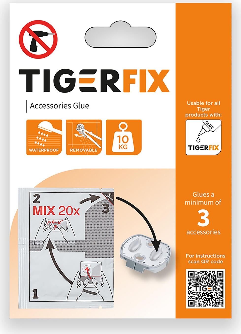 TIGER TigerFix Type 1 Patented Adhesive System for Bathroom Accessories, No-Drill Installation, 10kg Load Capacity, Black, Glues Min. 3 Accessories