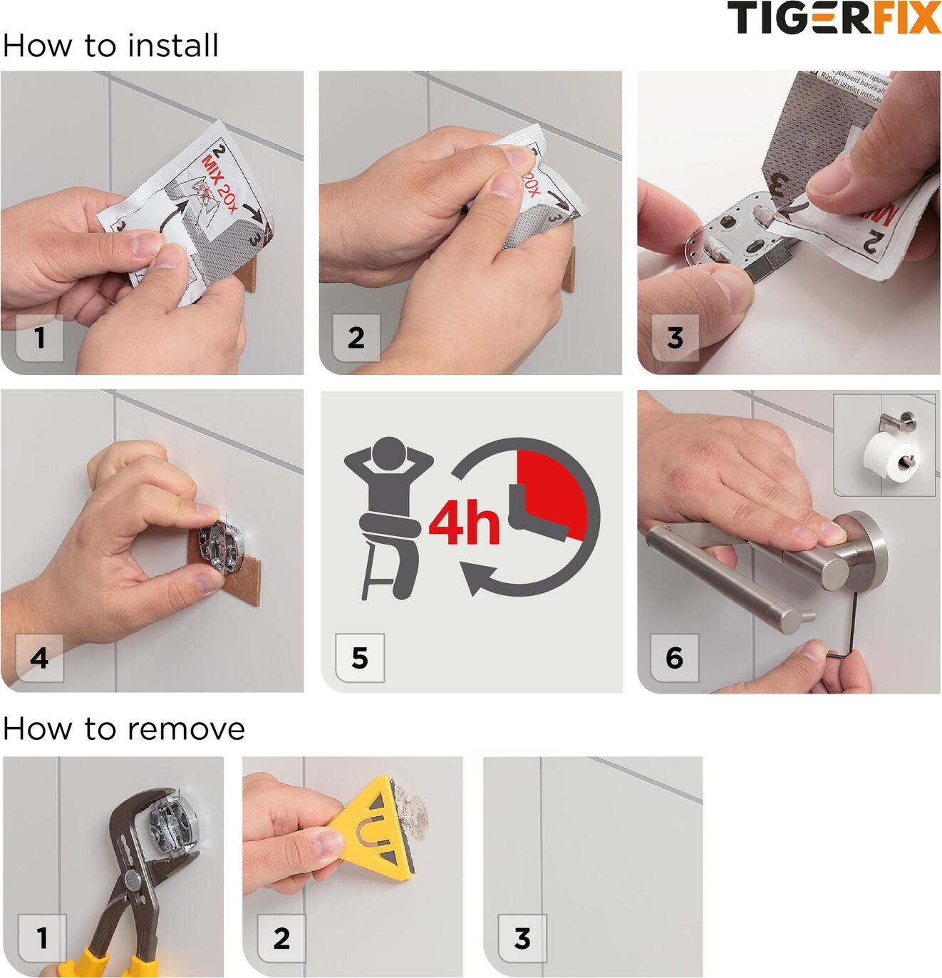 TIGER Coram B.V. Adhesive system Tiger TigerFix Type 1 Klebesystem Tiger TigerFix Typ 1 Adhesive system Tiger TigerFix Type 1; 40x35 cm (LxH); black Klebesystem Tiger TigerFix Typ 1; 40x35 cm (LxH); schwarz With TigerFix Type 1, Tiger accessories can be attached quickly and easily to smooth, hard surfaces using a patented adhesive system. Decorating your bathroom with Tiger accessories has never been easier. After mixing the adhesive, simply apply it to the wall panel and after 4 hours you can attach the accessory. It really is quite simple! Don't want to drill holes in your new bathroom tiles, especially in natural stone or large tiles? Then TigerFix is the right solution for you. This patented fixing method guarantees a very strong adhesive bond on any smooth, solid surface. One of the main advantages of TigerFix is that the wall panel can be easily removed without damaging it. Useful for rental properties, when moving house or if you want to replace the accessories. TigerFix type 1 is suitable for almost all accessories from the Tiger range: Boston, Dock, Impuls, Items, Ivy, Noon, Onu, Puck, Ramos, Safira and Urban. Mit TigerFix Typ 1 können Tiger-Accessoires mithilfe eines patentierten Klebesystems schnell und einfach an glatten, harten Untergründen befestigt werden. Das Dekorieren Ihres Badezimmers mit Tiger-Accessoires war nie einfacher. Nach dem Anmischen des Klebstoffs lässt sich dieser einfach auf die Wandplatte auftragen und nach 4 Stunden können Sie das Accessoire befestigen. Es ist wirklich ganz einfach! Sie möchten keine Löcher in Ihre neuen Badezimmerfliesen bohren, vor allem nicht in solche aus Naturstein oder in große Fliesen? Dann ist TigerFix die richtige Lösung für Sie. Diese patentierte Befestigungsart garantiert eine sehr starke Klebverbindung auf jedem glatten, festen Untergrund. Ein Hauptvorteil von TigerFix ist, dass die Wandplatte ohne Beschädigung einfach entfernt werden kann. Sinnvoll bei Mieteigentum, bei einem Umzug oder wenn Sie die Accessoires austauschen möchten. TigerFix Typ 1 eignet sich für fast alle Accessoires aus den Tiger-Reihen: Boston, Dock, Impuls, Items, Ivy, Noon, Onu, Puck, Ramos, Safira und Urban.
