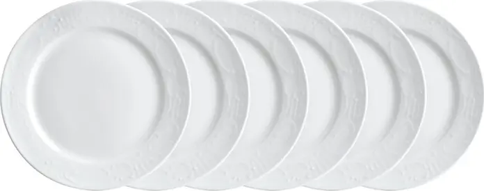 PULSIVA Sinfonie Porcelain Flat Plates, White Round Dinnerware with Elegant Relief, 25 cm Diameter, Set of 6