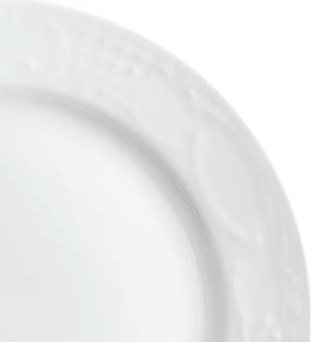 Set de 6 farfurii plate Pulsiva Sinfonie, porțelan alb de hotel, diametru 17 cm, cu relief elegant pe margine, rezistente la mașina de spălat vase