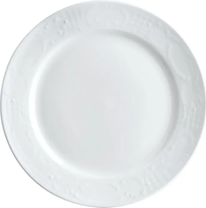 Set de 6 farfurii plate Pulsiva Sinfonie, porțelan alb de hotel, diametru 17 cm, cu relief elegant pe margine, rezistente la mașina de spălat vase
