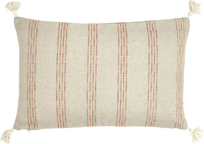 Husa pentru perna decorativa ERWIN M. LUSINI Torano, 30x50 cm, Material cu Efect de In iar cu Raiuri Late și Ciucuri la Colțuri, Fermoar, Crem/Teracota